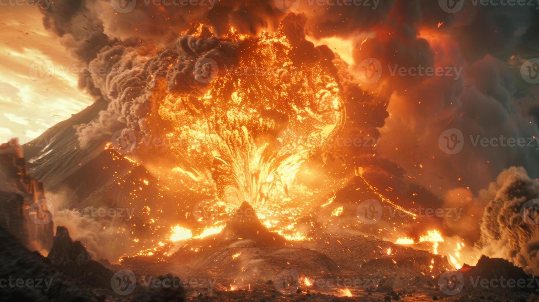 With a deafening roar the volcano unleashes a powerful eruption of ash and fire photo