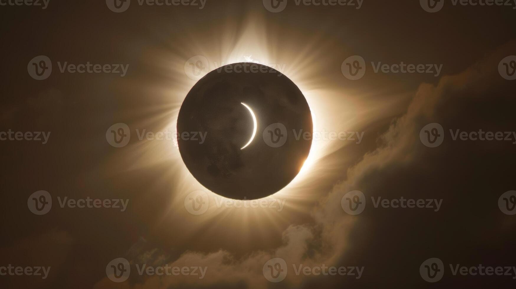 A closeup image of the moons edge perfectly aligned with the sun creating the iconic diamond ring effect during a total solar eclipse photo