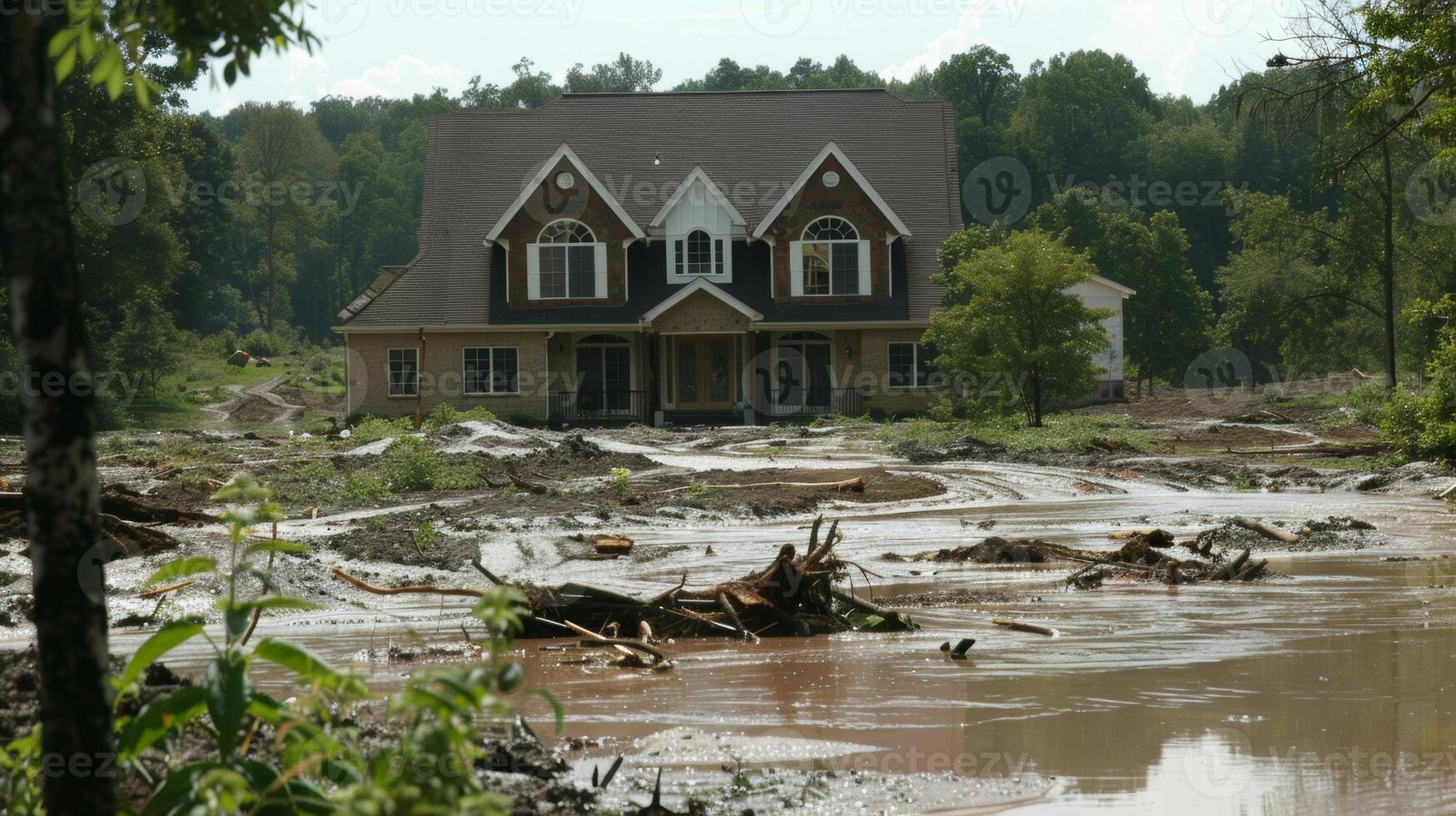 A house surrounded by a moat of muddy water after a flash flood photo