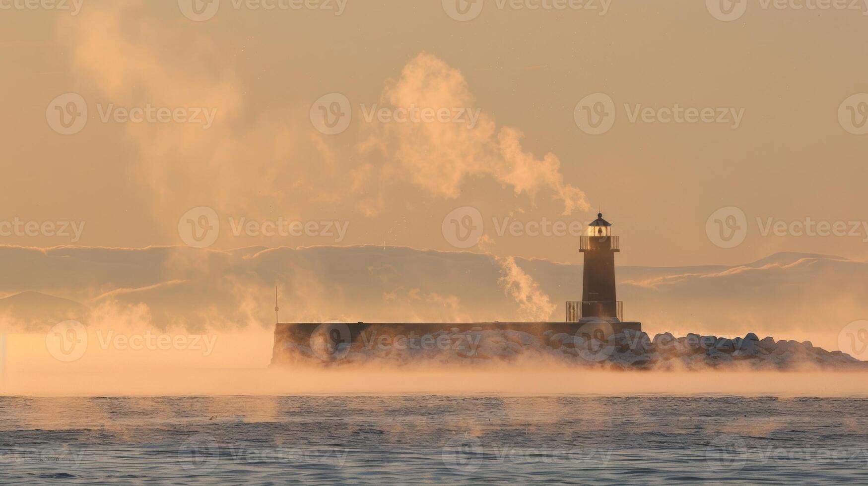 In the distance the outline of a lighthouse disappears and reappears as the sea smoke shifts with the wind photo