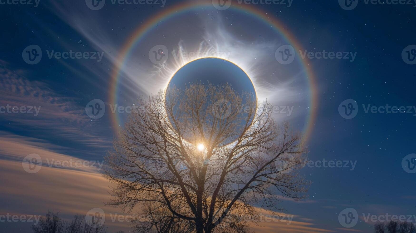 A full moon is encircled by a striking halo giving the impression of a glowing eye in the sky photo