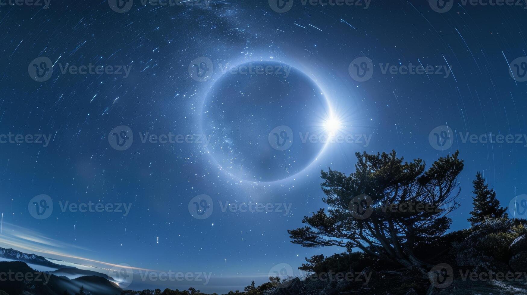 A dazzling halo around the moon appears to be made of sparkling diamonds adding a touch of magic to the night sky photo