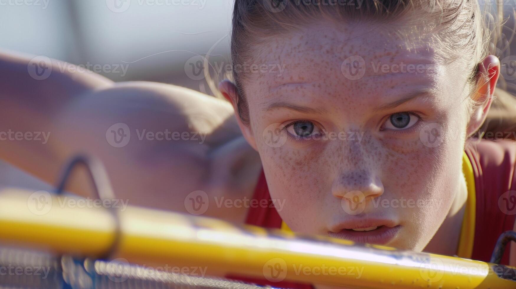 A high jumpers expression of concentration as they soar over the final height photo