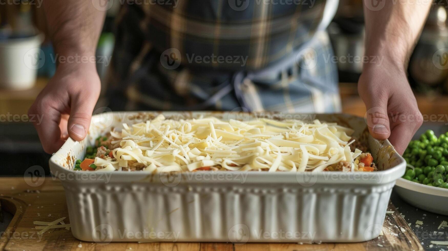 A person is sprinkling shredded cheese on top of a casserole dish before baking it in the oven photo