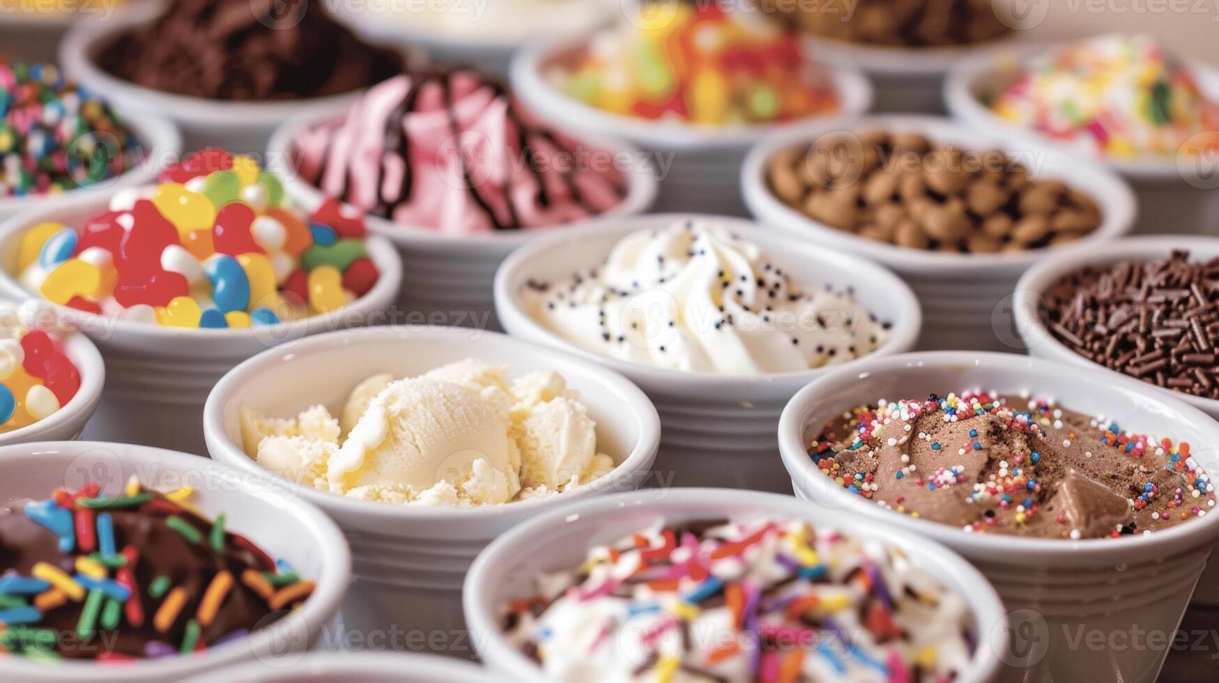 Close up view of a diverse assortment of colorful and delicious ice cream flavors, showcasing different textures and toppings photo