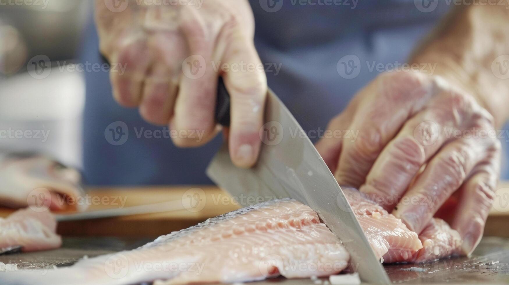 A person is seen cutting up fish on a wooden cutting board, preparing fillets for cooking photo