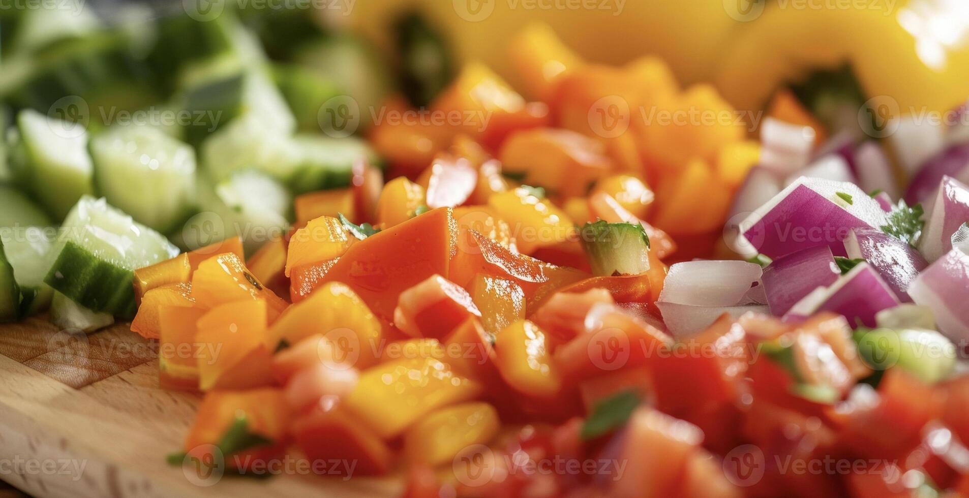 Various vegetables including carrots, bell peppers, and onions are finely chopped on a wooden cutting board photo