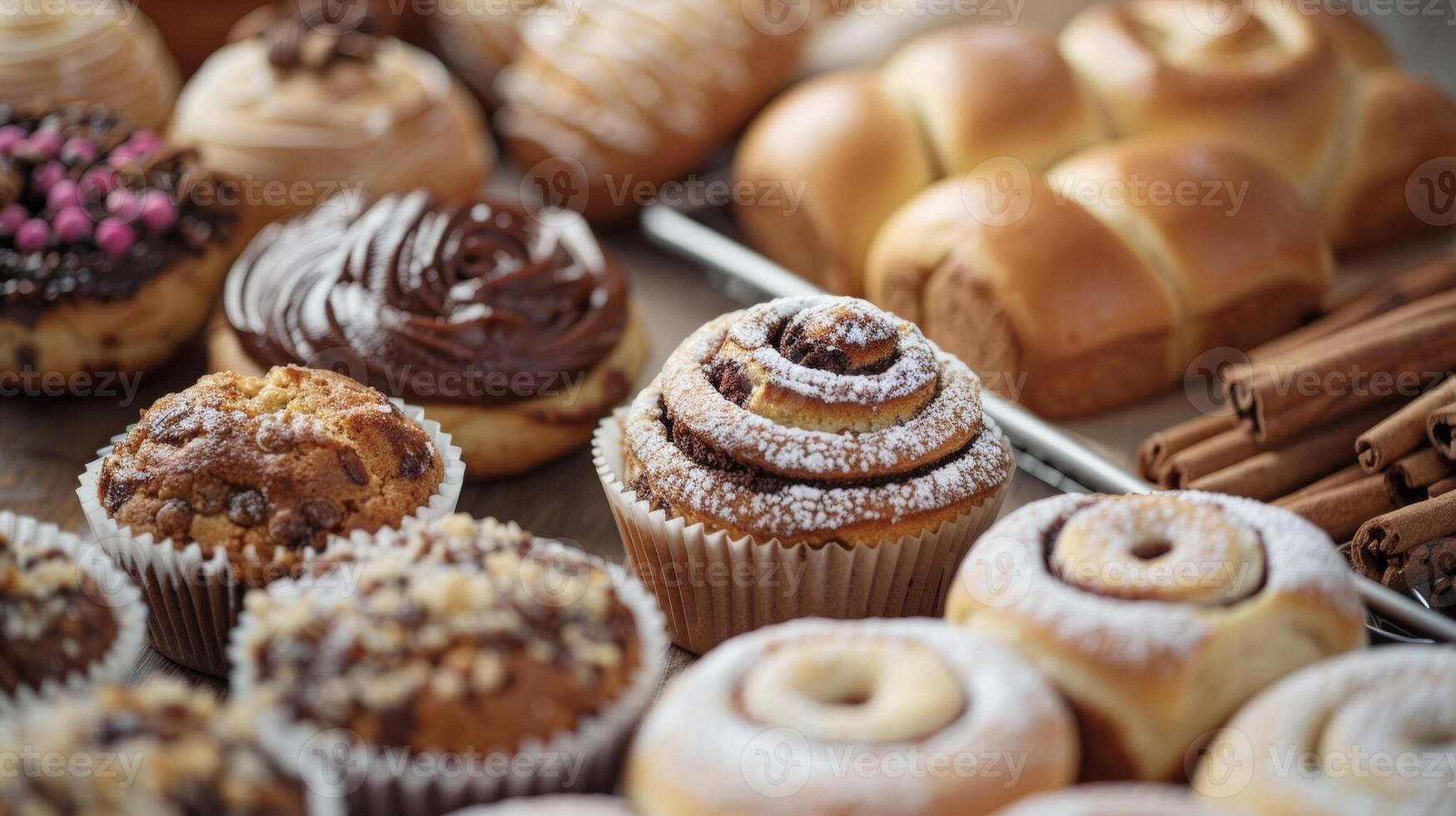 Close-up view of a variety of different types of pastries displayed together photo