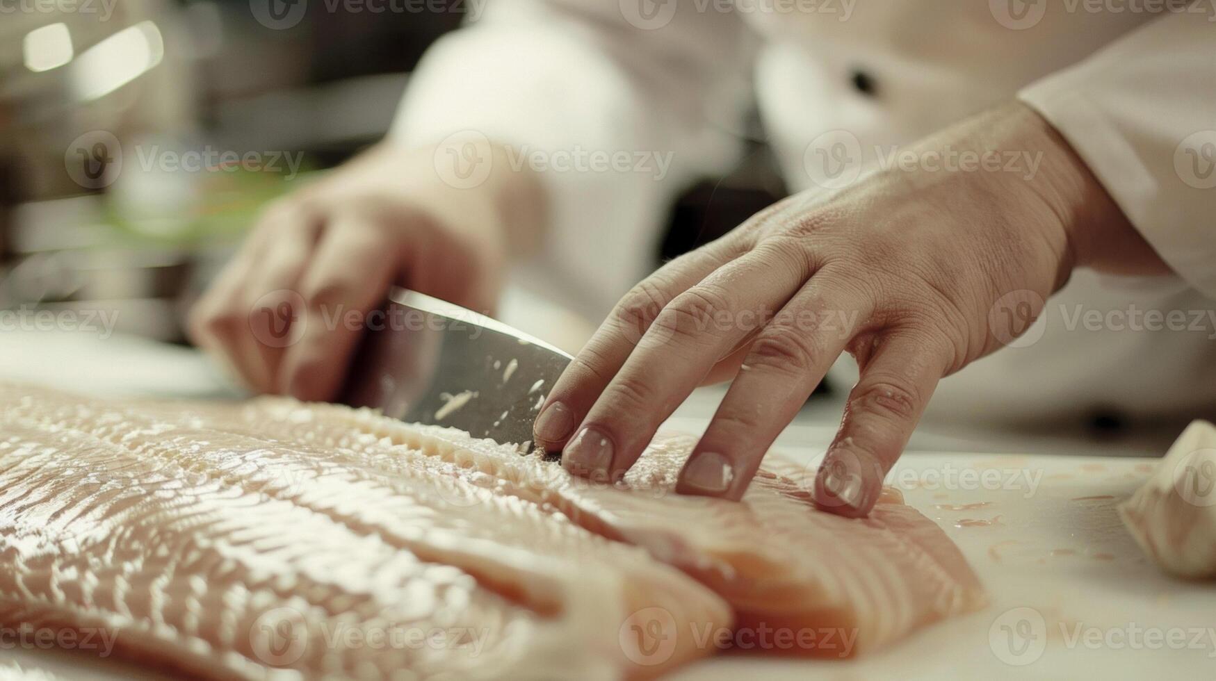 A person is skillfully cutting a fish on a wooden cutting board with a sharp knife photo