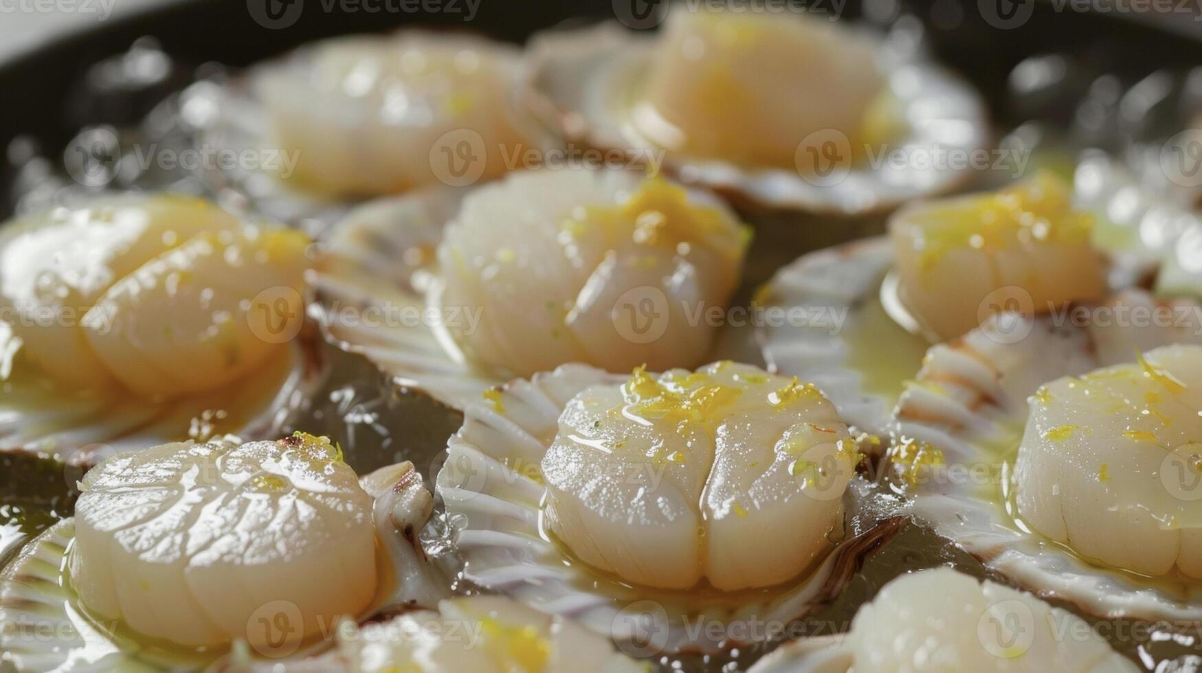A pan filled with cooked scallops covered in savory sauce, ready to be served photo