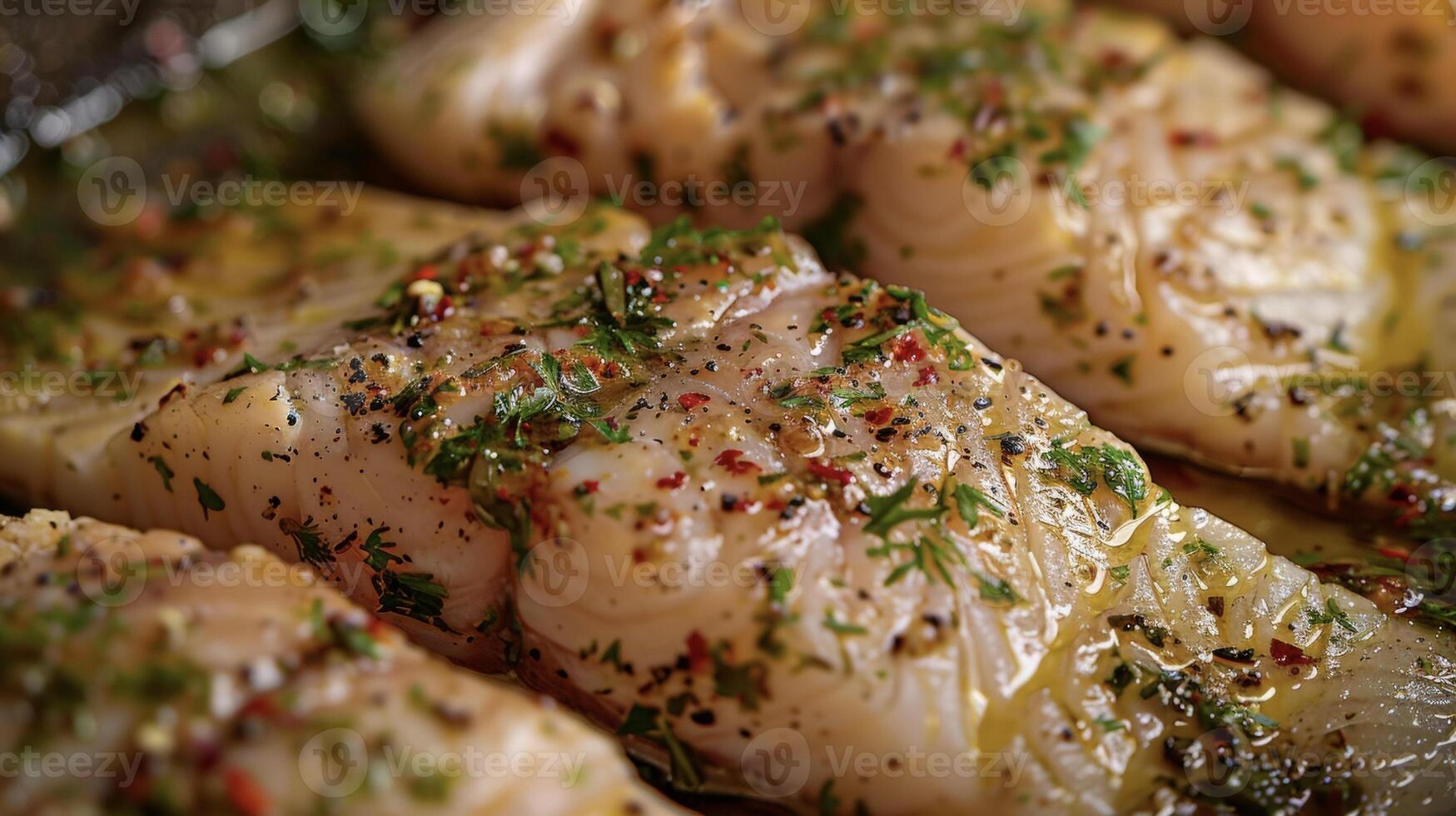 A detailed close-up of various food items being cooked in a frying pan, showing ingredients sizzling and cooking photo