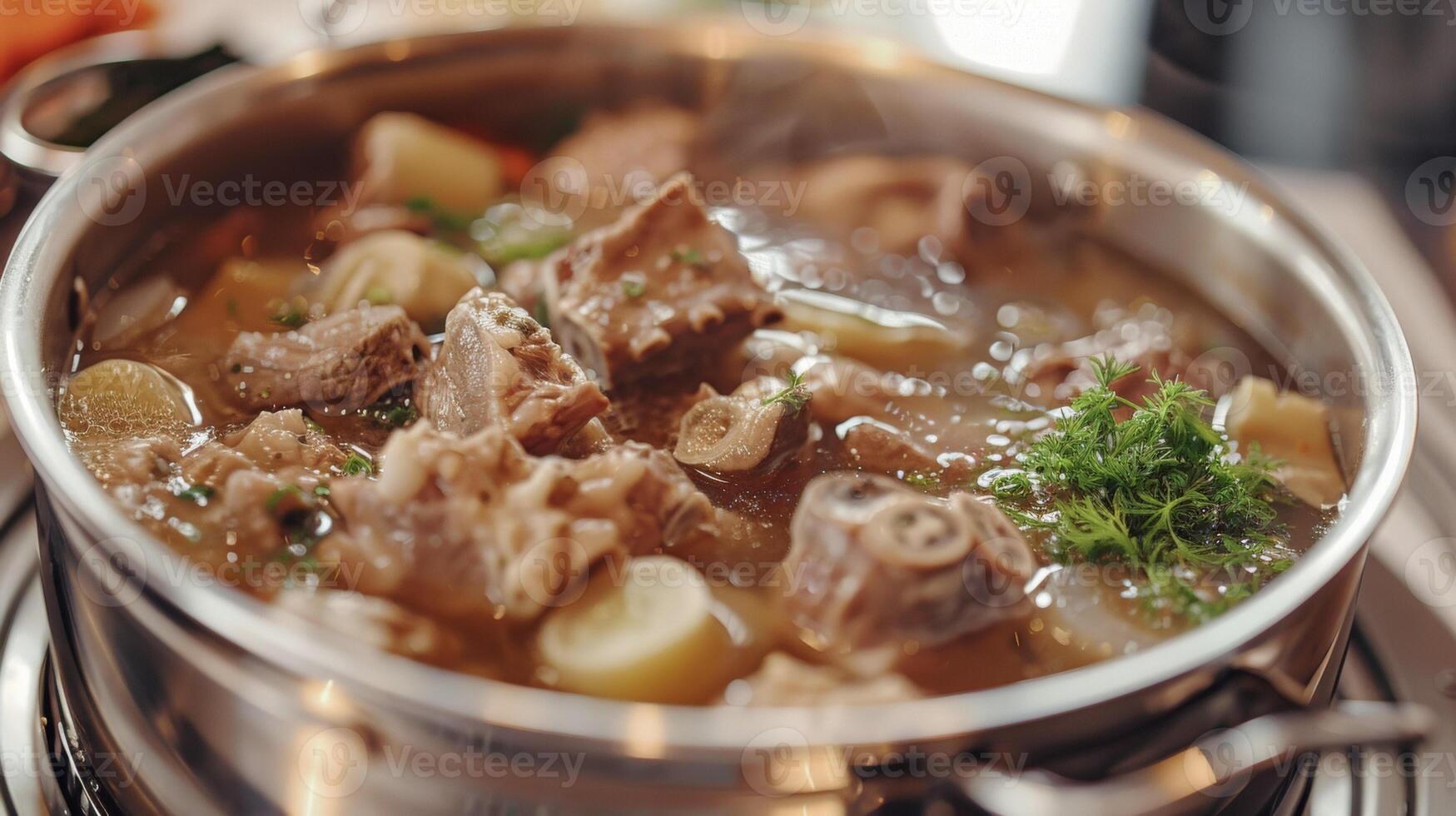 A pot of beef stew simmering on a stove, emitting delicious aromas as it cooks photo
