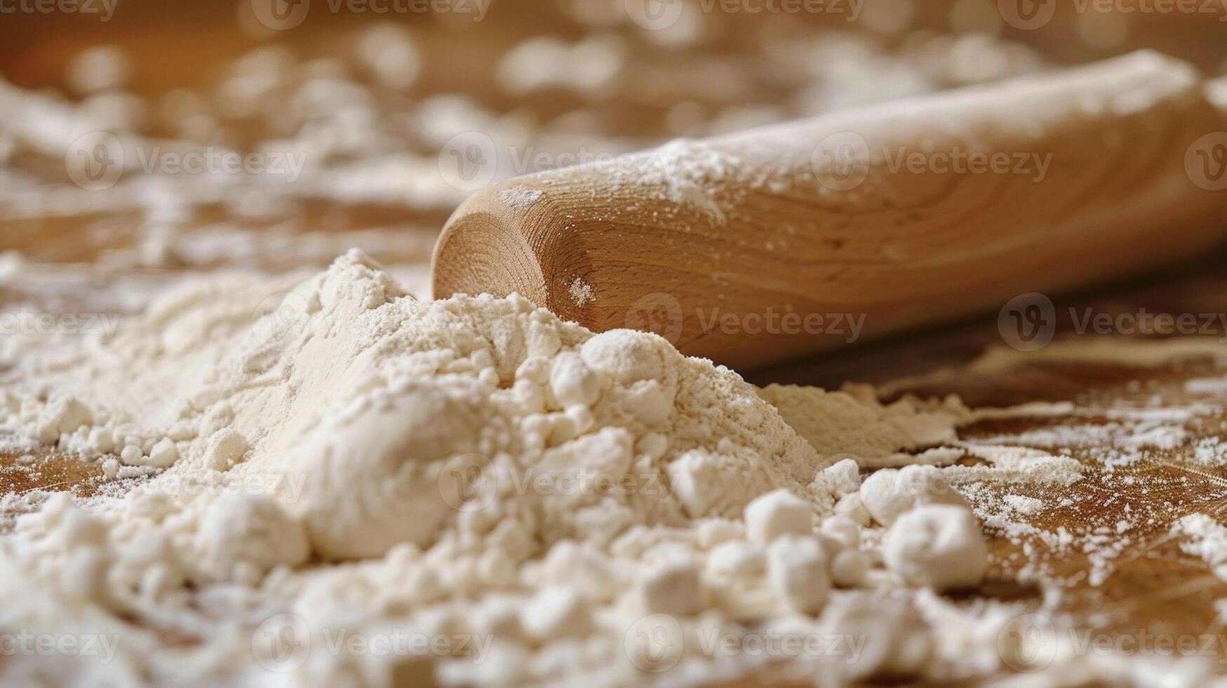 A wooden spoon rests on top of a mound of white flour in a kitchen setting photo