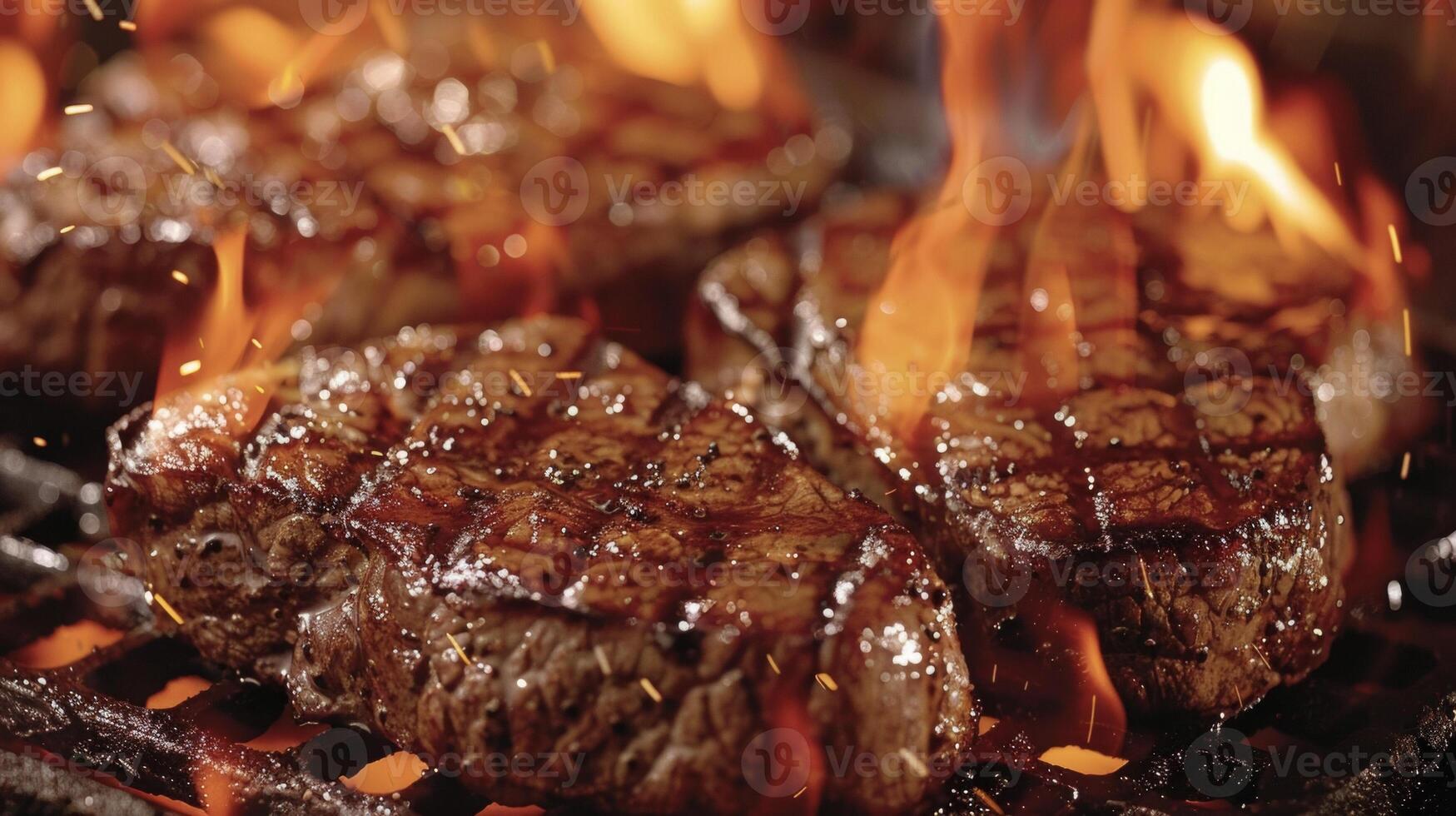 Thick steaks sizzling on a hot grill, flames licking the meat, creating a charred crust and juicy interior photo