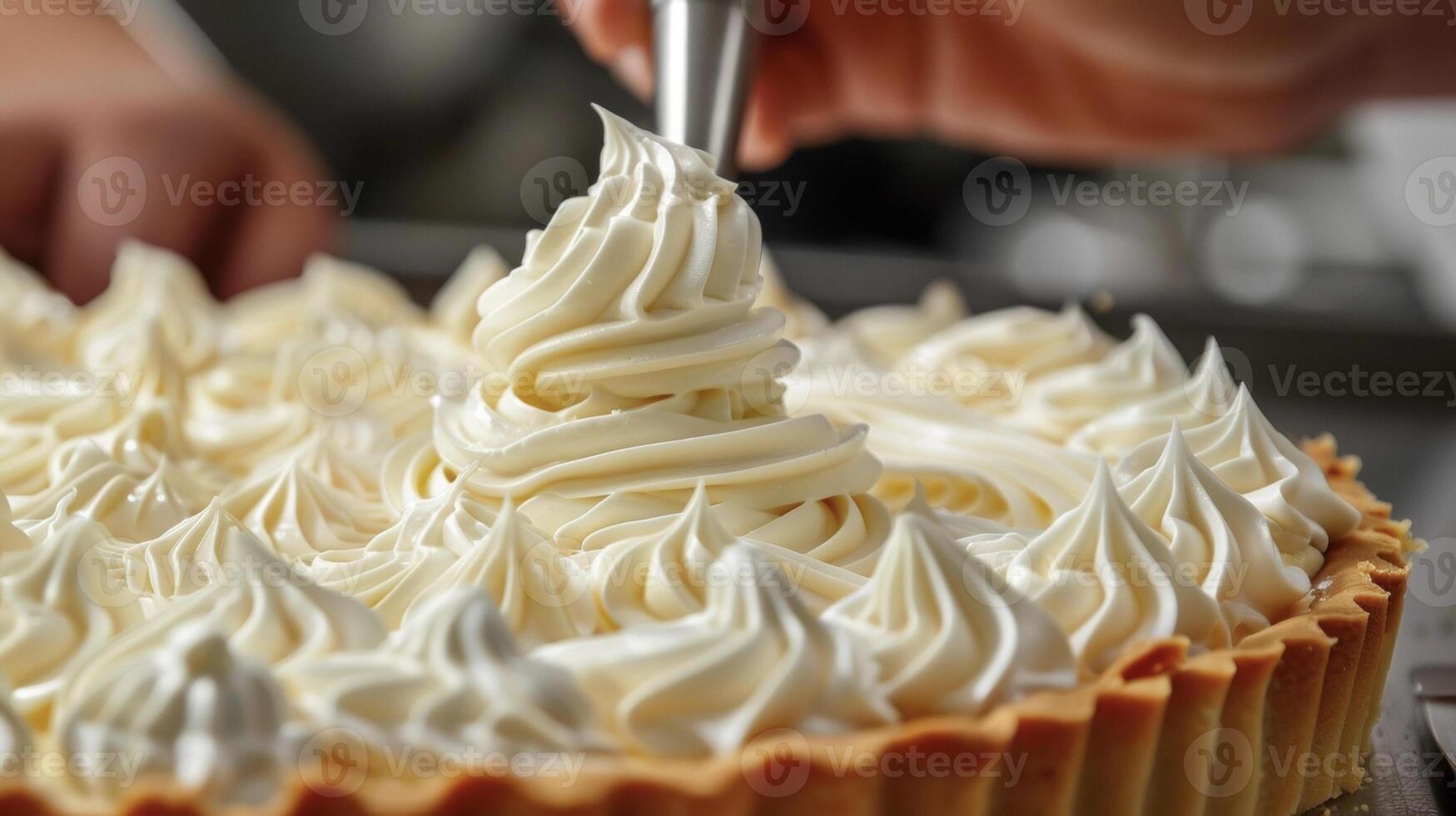 A person meticulously applies white frosting to a cake using a piping bag, creating beautiful decorations on the dessert photo