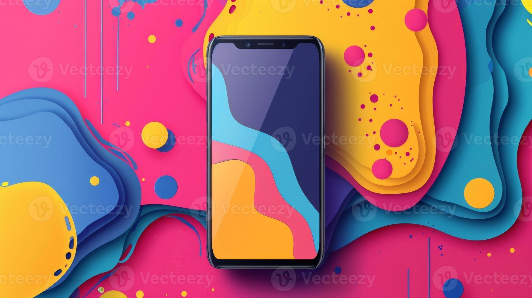 A funky and colorful background with a blank smartphone screen ideal for showcasing a creative and artistic mobile app design photo