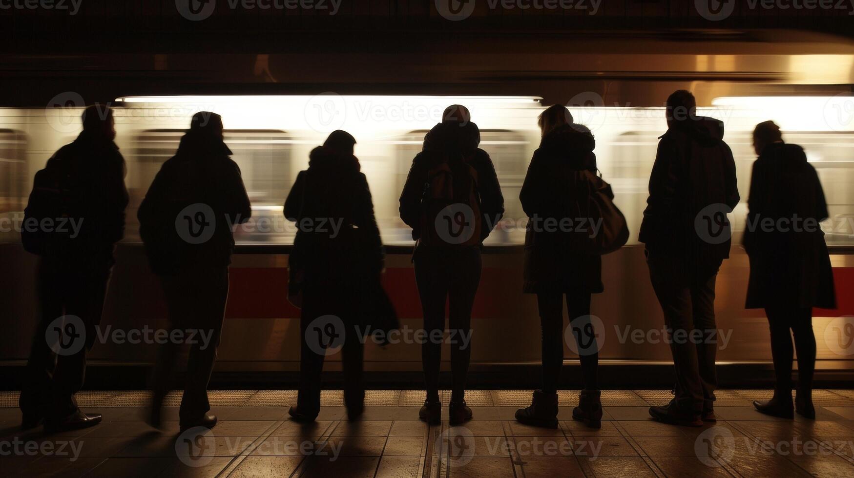 Against the backdrop of a fastmoving train a group of silhouetted figures stand on the platform backs turned towards the camera . photo