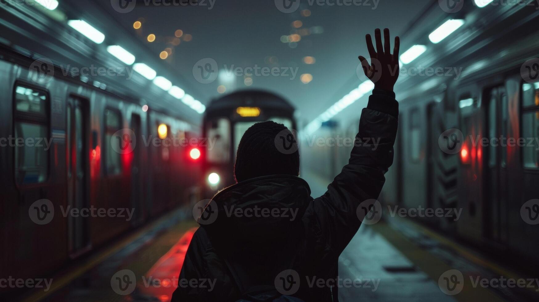 In the dimly lit tunnel of a subway station a person stands with back to the camera waving goodbye to a loved one on a departing . photo
