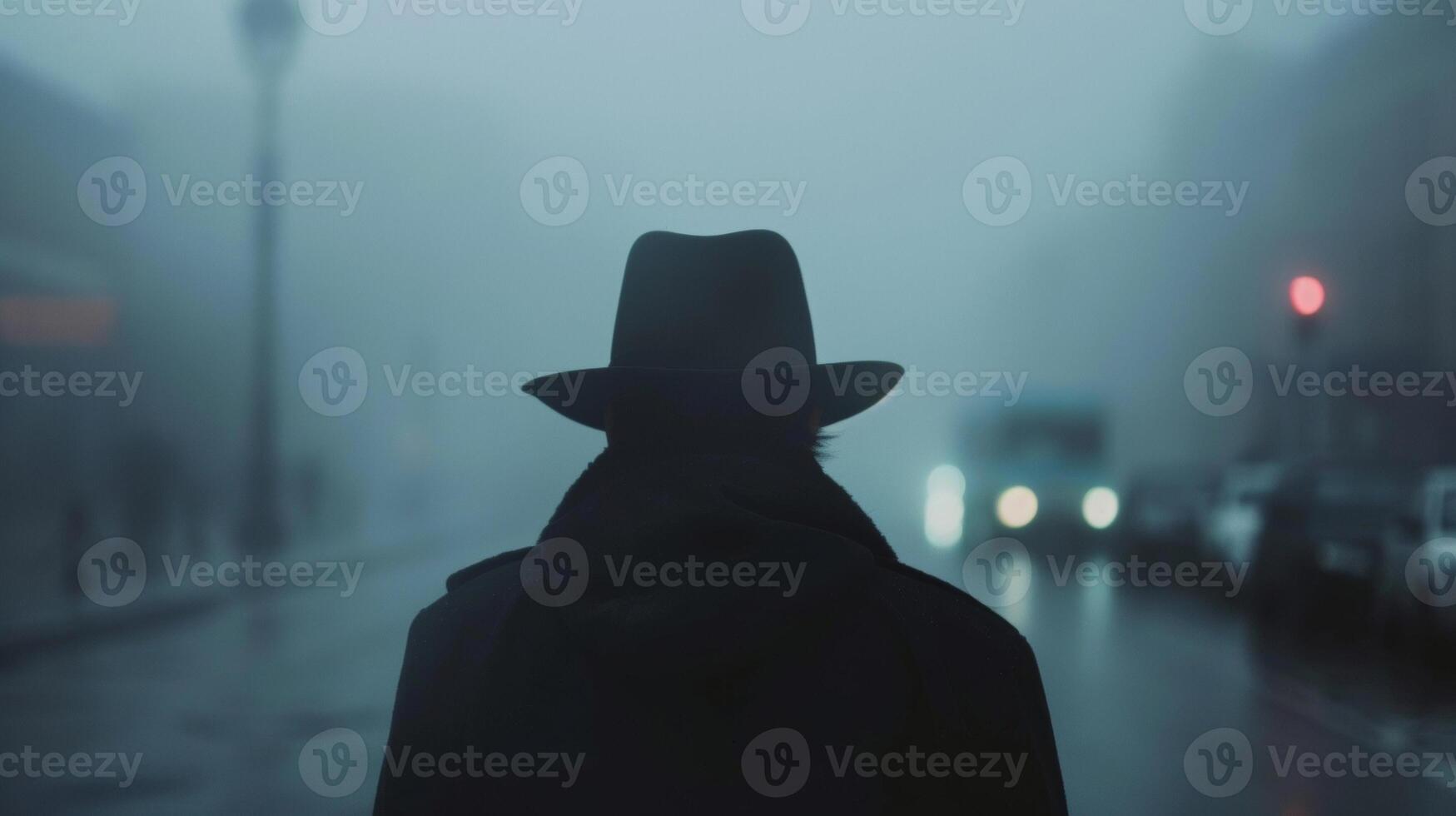 Someone walks towards the camera with back hunched a fedora hat pulled low over eyes. The foggy street adds to the sense . photo