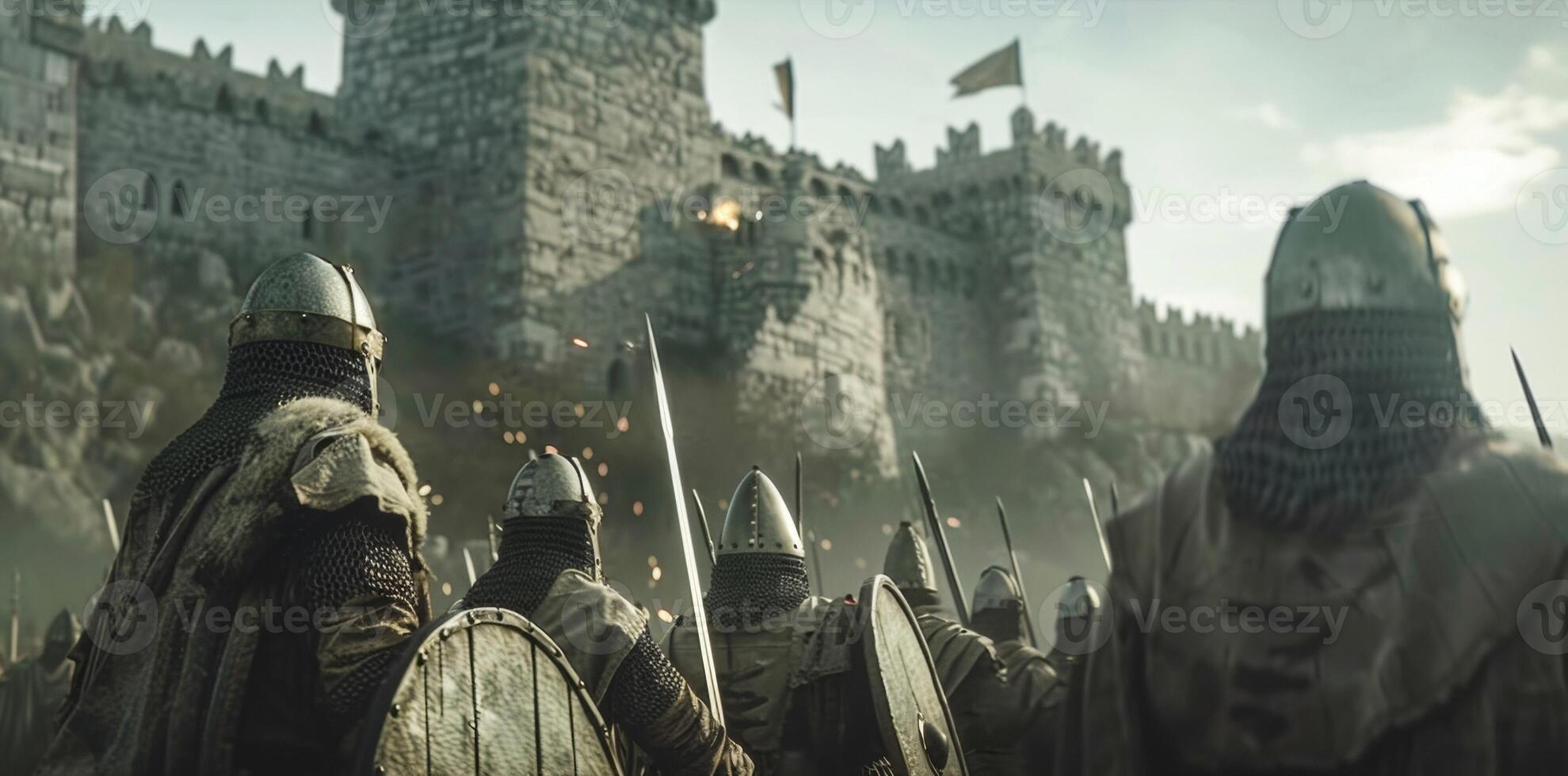 A group of warriors armed with swords and shields stand in front of the towering castle walls their backs to the viewer. The sound . photo