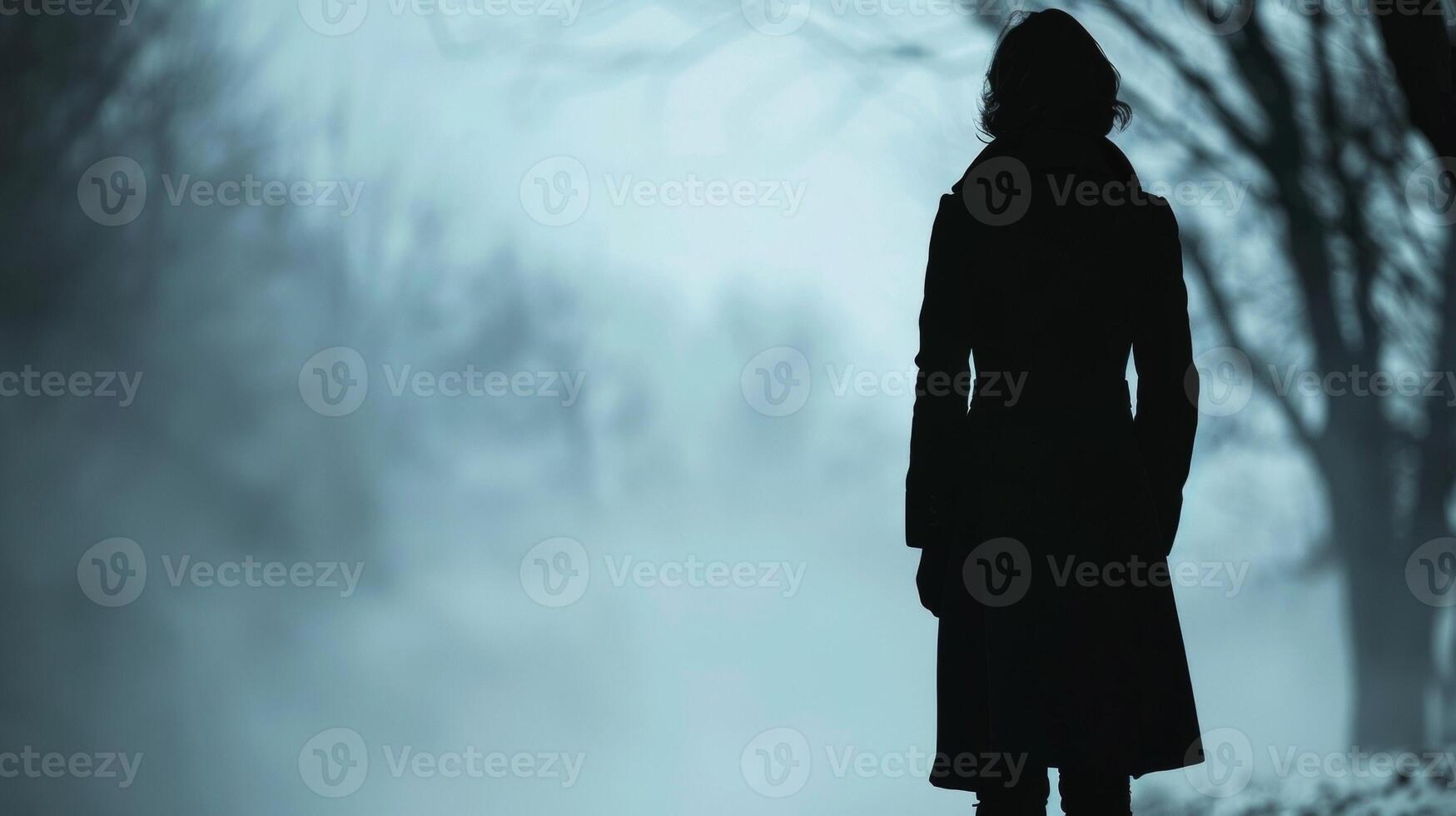 A woman in a long coat stands stoically her silhouette facing the side show as a mysterious figure seems to emerge from the shadows . photo