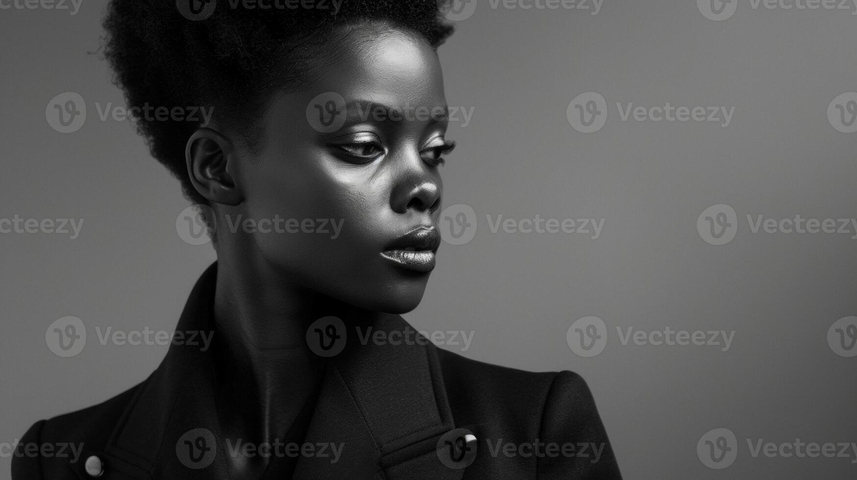 Against a monochromatic backdrop a striking black woman exudes confidence in a tailored wardrobe. The black and white tones accentuate the impeccable fit and design of her clothing photo