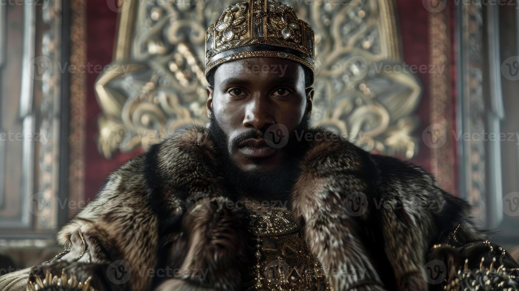 Standing against a backdrop of intricate tapestries and ornate architecture a handsome black man is dd in luxurious furs and adorned with elaborate headwear. His gaze is intense hinting photo