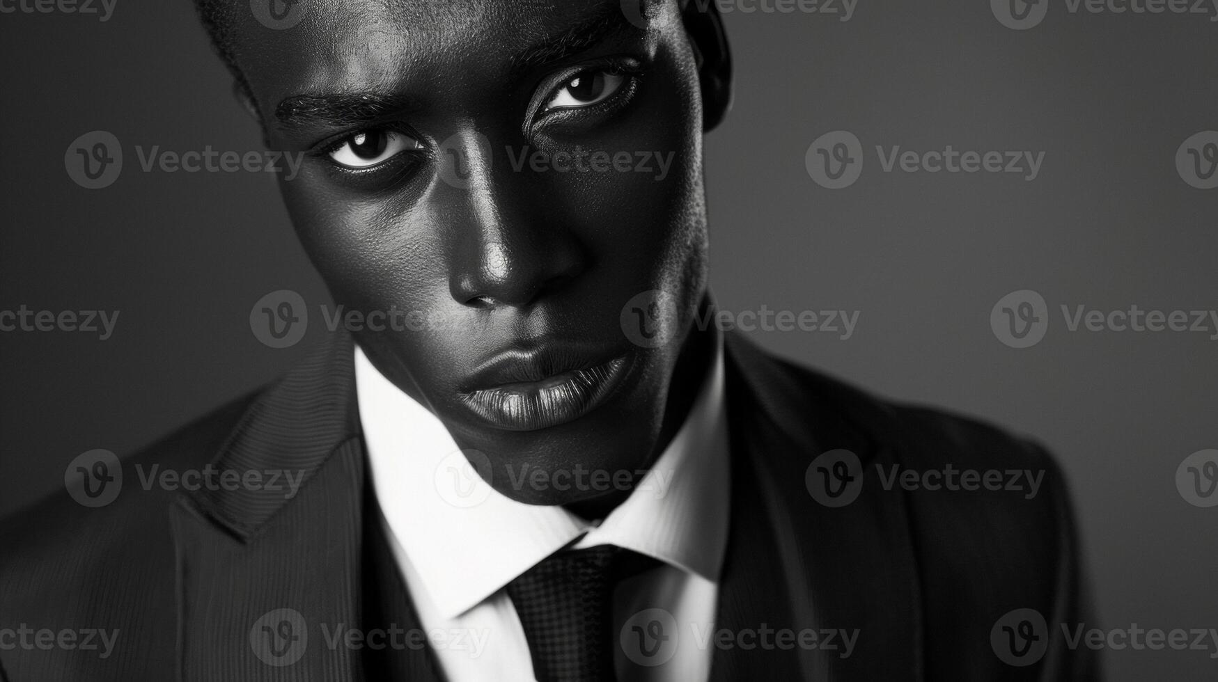 Against a stark black and white backdrop a striking black man commands attention with his suave style and impeccable grooming. The monochrome tones accentuate the rich texture of his photo
