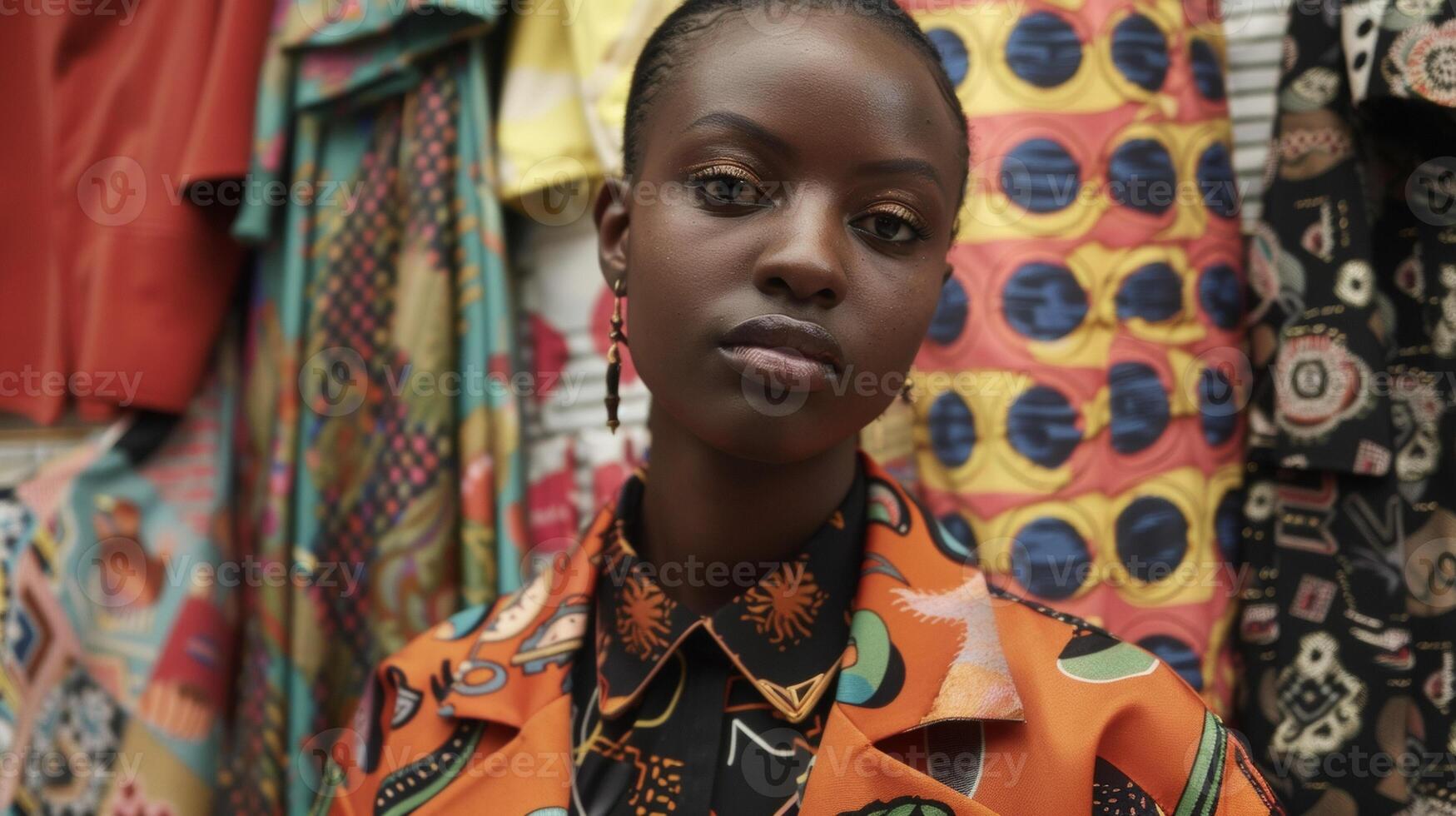 A fierce black woman stands in front of a wall of designer athletic wear her stunning ensemble a combination of bold patterns and rich fabrics. As she gazes confidently into the camera photo