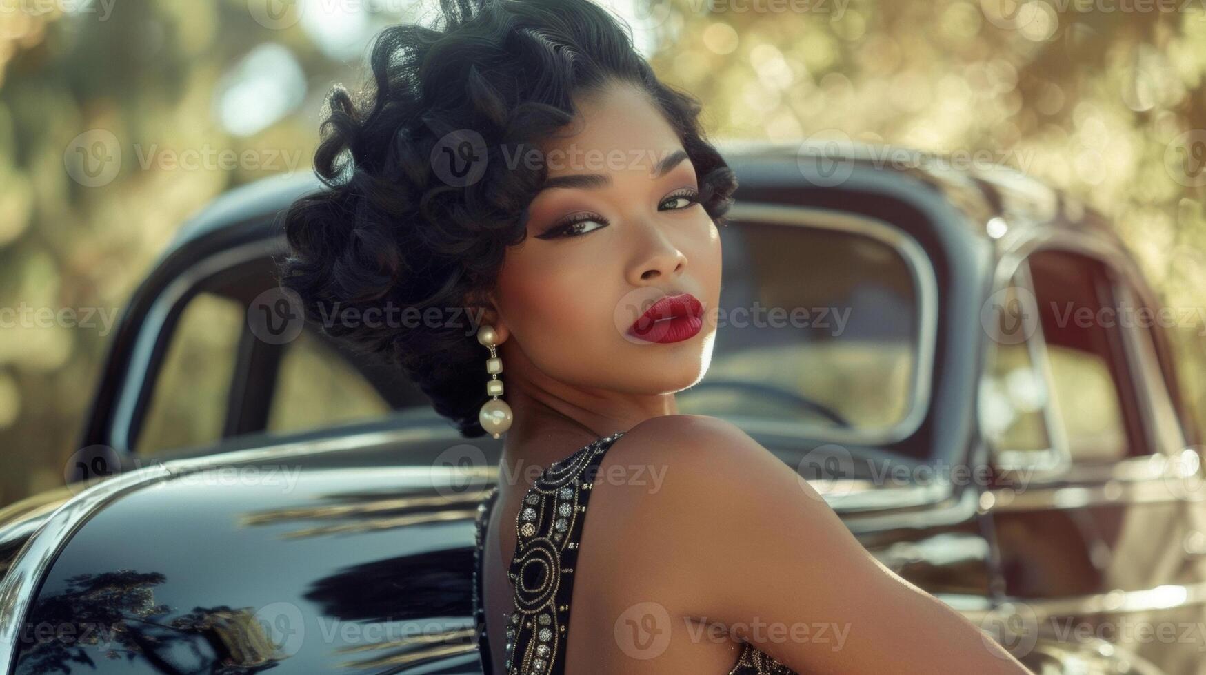 In a stunning vintage cocktail dress a black woman leans against a vintage car with an alluring and confident expression. Her deep red lips and pearl drop earrings add to the overall photo