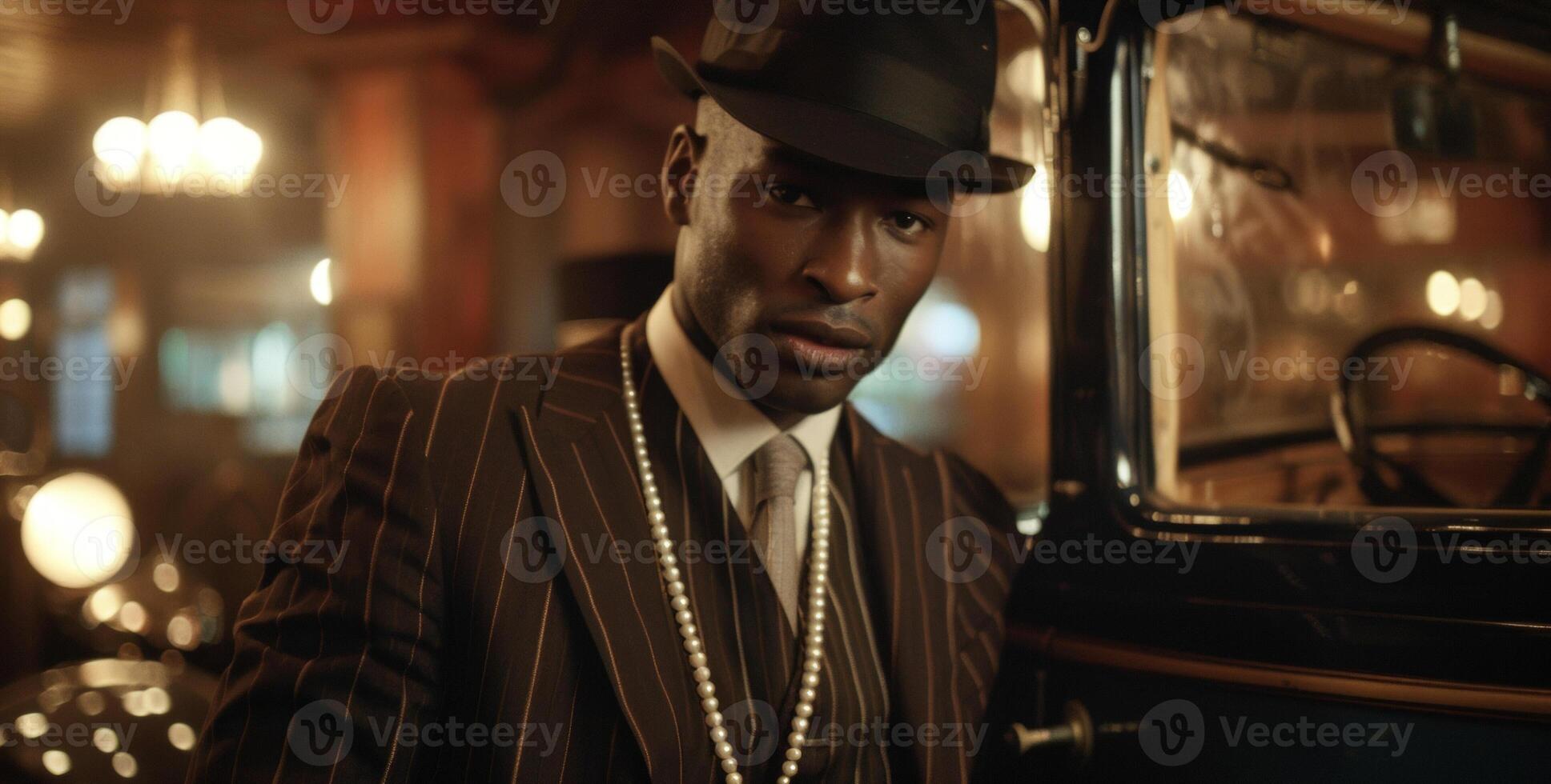 In a dimlylit lounge a dapper black man leans against a vintage car his tailored suit and bowler hat evoking the suave style of the roaring twenties. A long string of pearls hangs photo