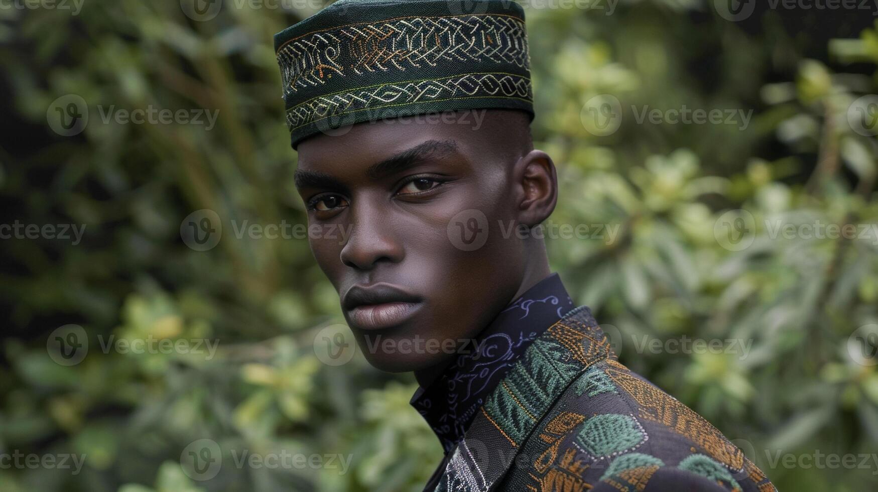 A young Black man stands tall in a modern interpretation of the iconic Irish cap the intricate embroidery paying tribute to the ancient Celtic patterns. The slightly oversized fit photo