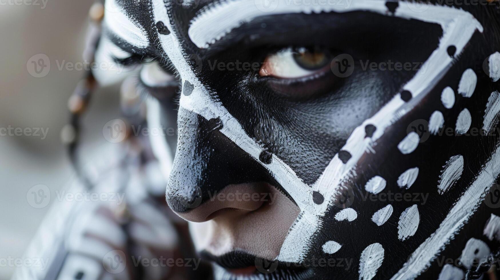 A fierce female warrior adorned with intricate black and white tribal face paint exuding a sense of fearlessness and resilience in the face of adversity. photo