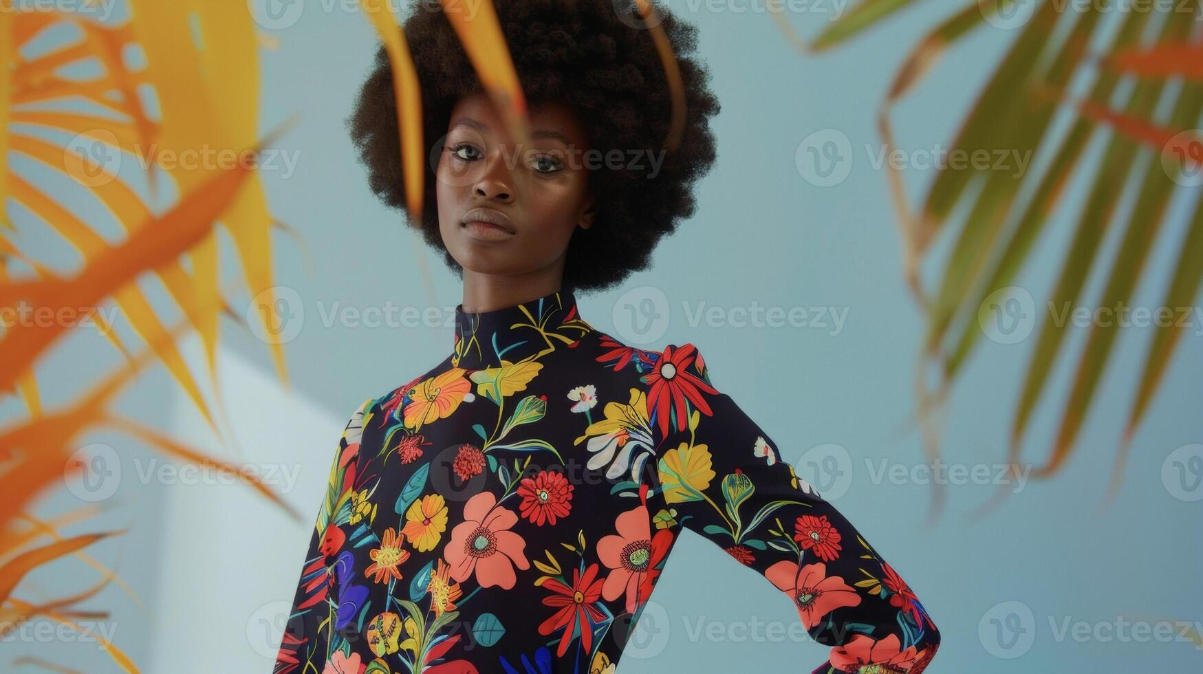 In a nod to the iconic Twiggy a black womans outfit features a playful mini dress with a bold floral print capturing the essence of retro mod style and its everlasting influence on photo