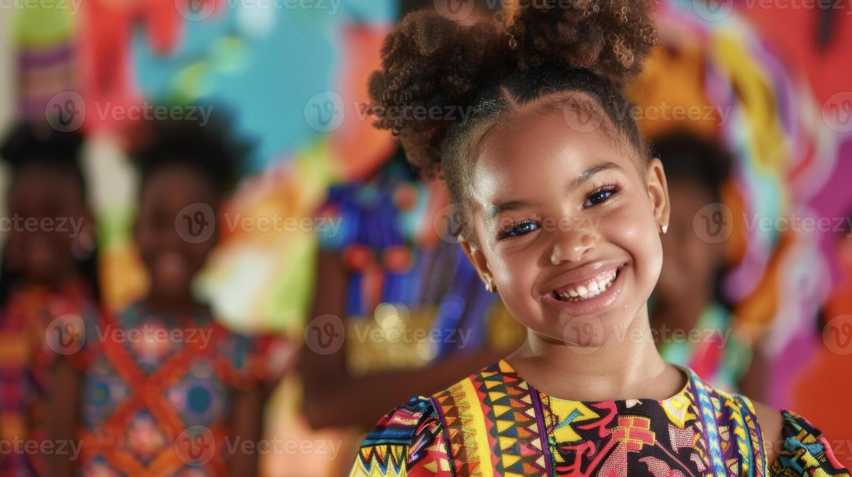 A young black girl with curly pigtails grins mischievously at the camera wearing a vibrant and playful outfit that includes a mix of patterns and colors. In the background other black photo
