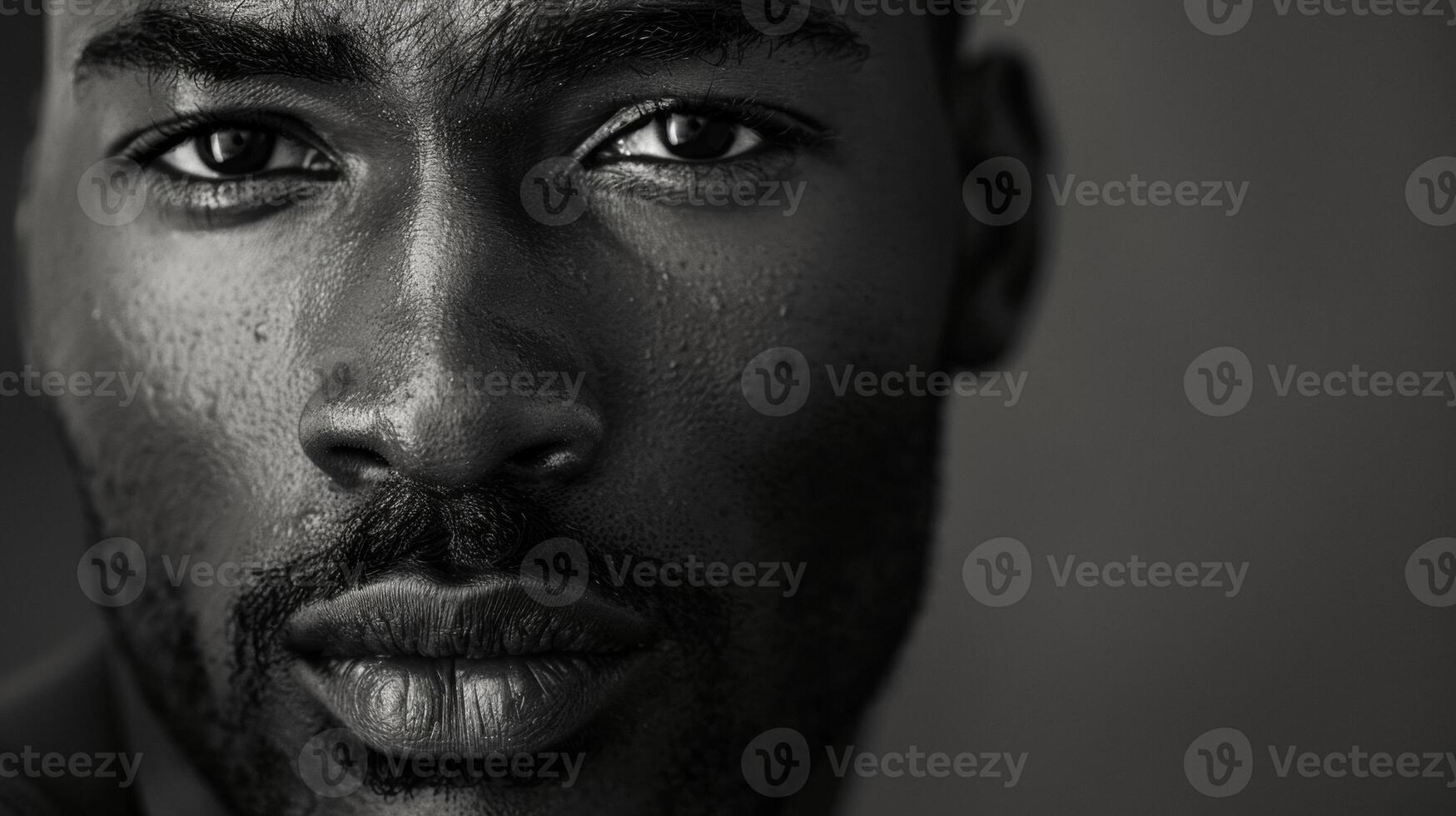 A monochrome portrait of a confident Black man his piercing gaze exuding power and determination. The lack of color in the image draws the viewers attention to the intensity of his photo