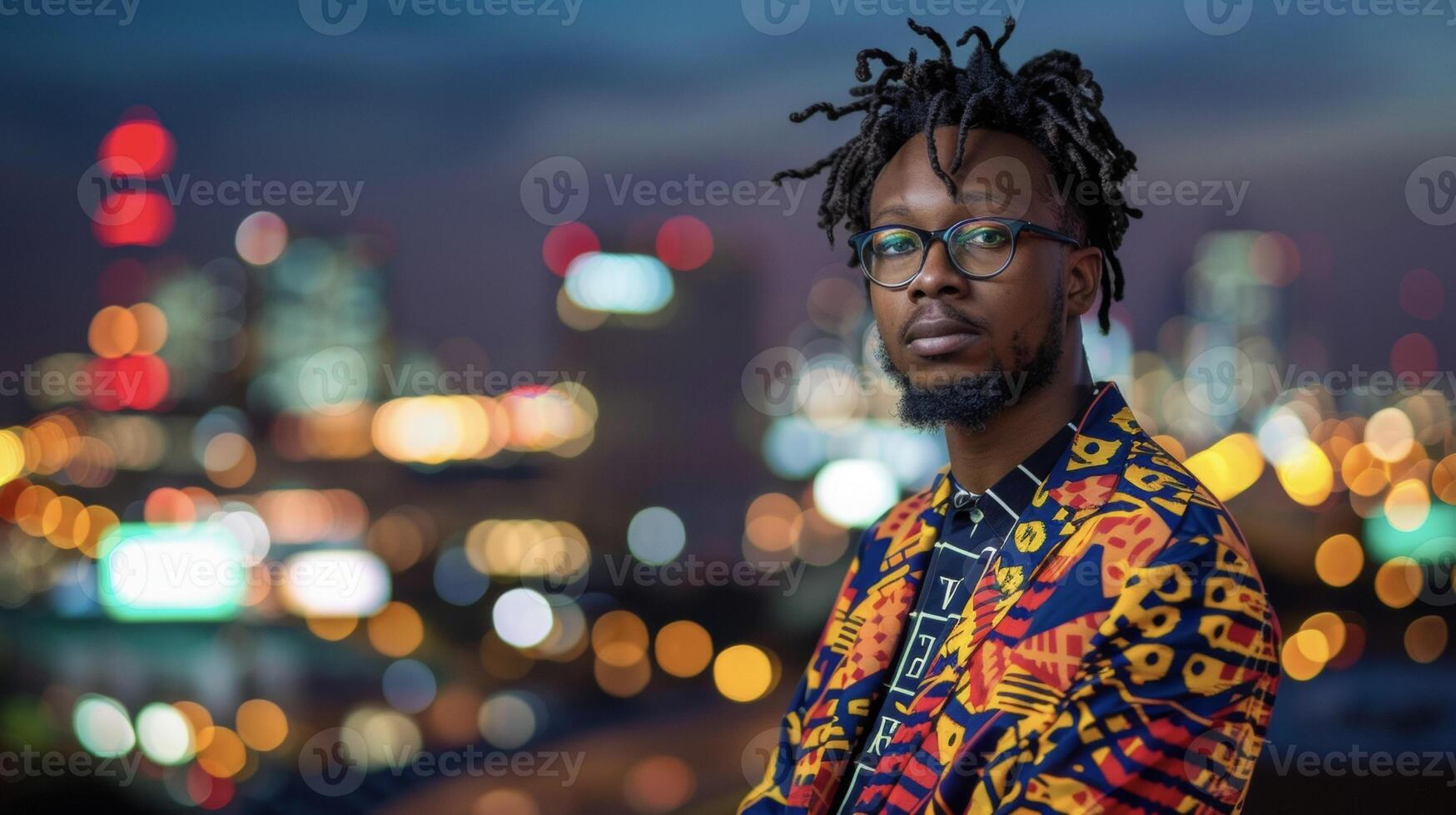 In this portrait a man of African descent stands tall against a backdrop of city lights his style a fusion of modern streetwear and traditional African textiles. With an air of cool photo