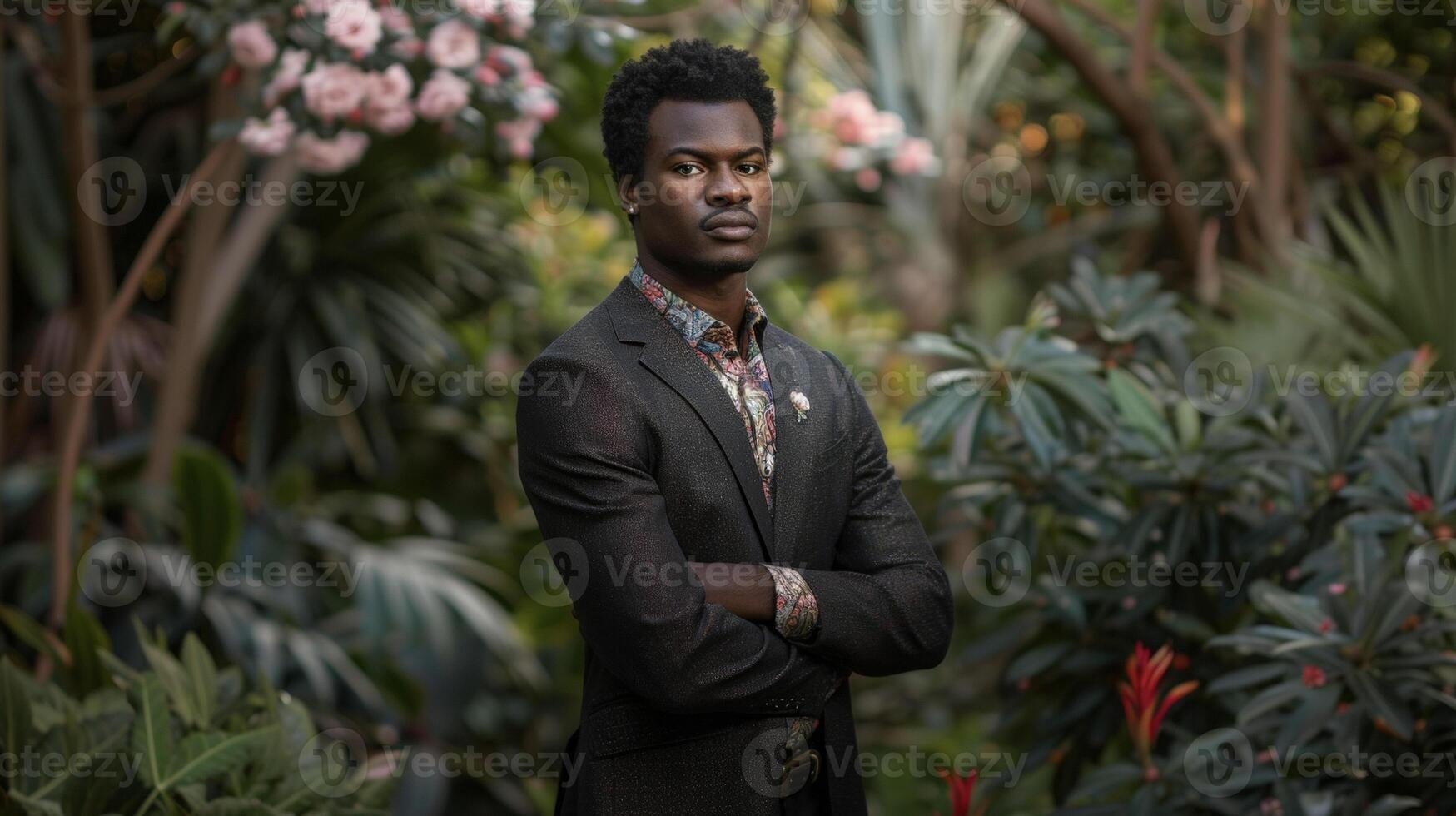 A dapper black man poses in a lush garden his tailored suit jacket adorned with delicate gardenia lapel pins. His eyecatching buttondown shirt is covered in a subtle floral pattern photo