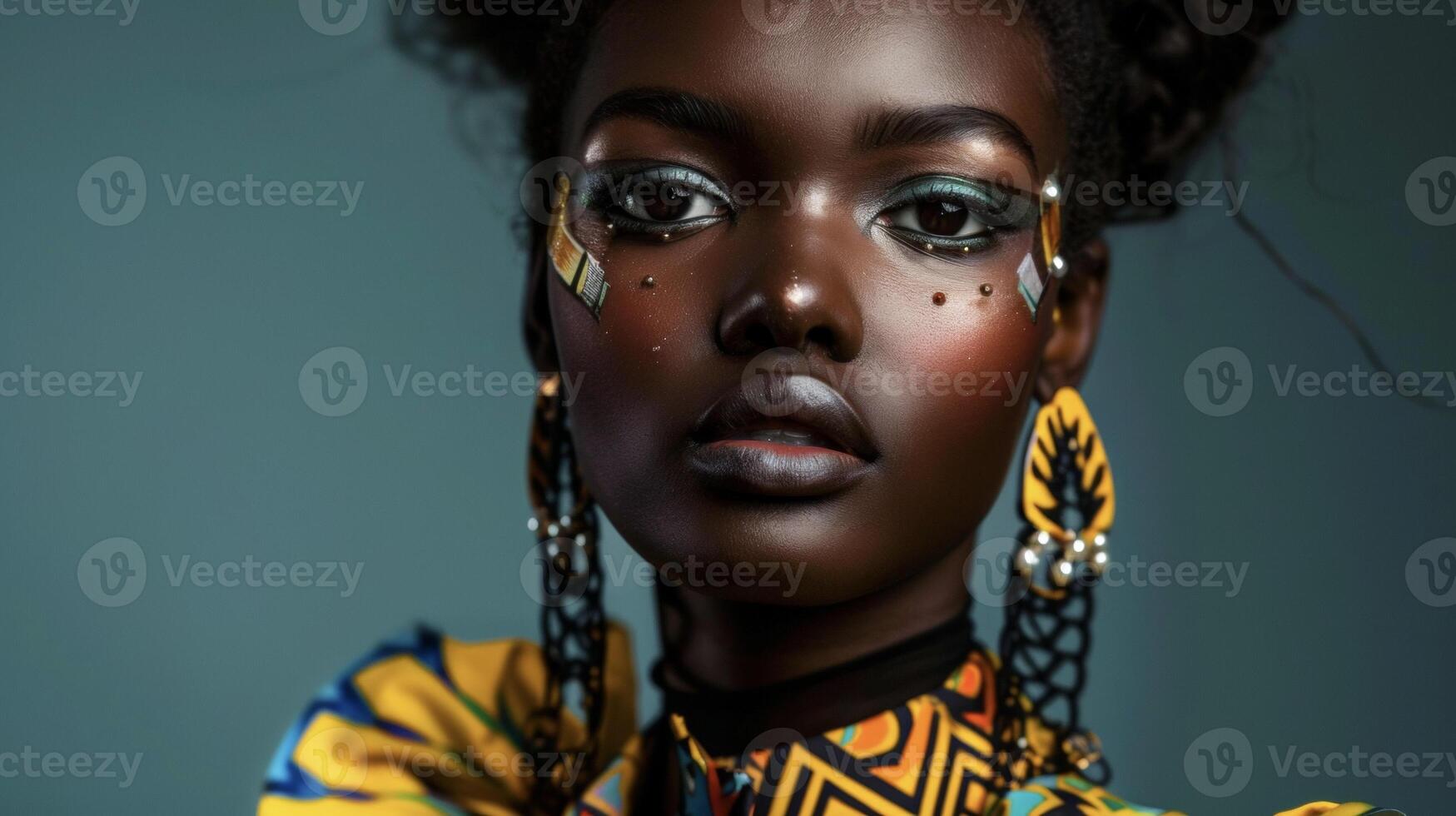 With an air of mystery and allure a striking black woman gazes confidently into the camera sporting a bold avantgarde outfit that mixes textures and patterns in a unique and captivating photo