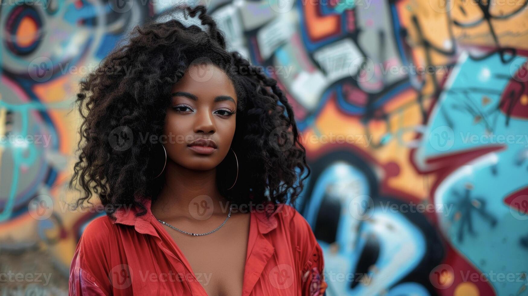With a powerful stance and an intense gaze a black woman stands proudly in front of a backdrop of abstract graffiti and murals. Her strong presence radiates the energy and rhythm of photo