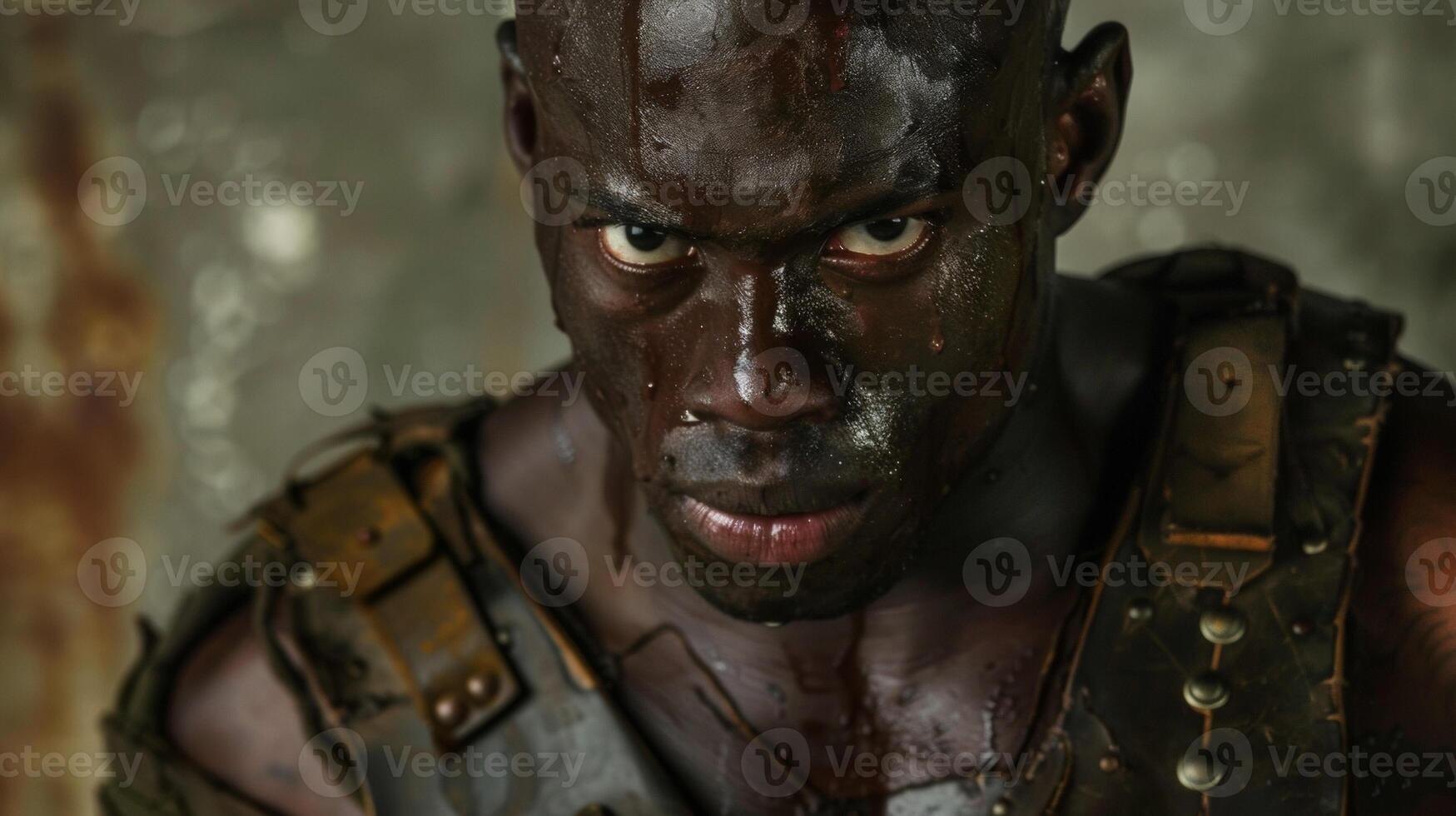 A muscular man with a shaved head stares directly into the camera the intensity of his gaze emanating strength and determination. He wears a mix of salvaged armor and military gear photo