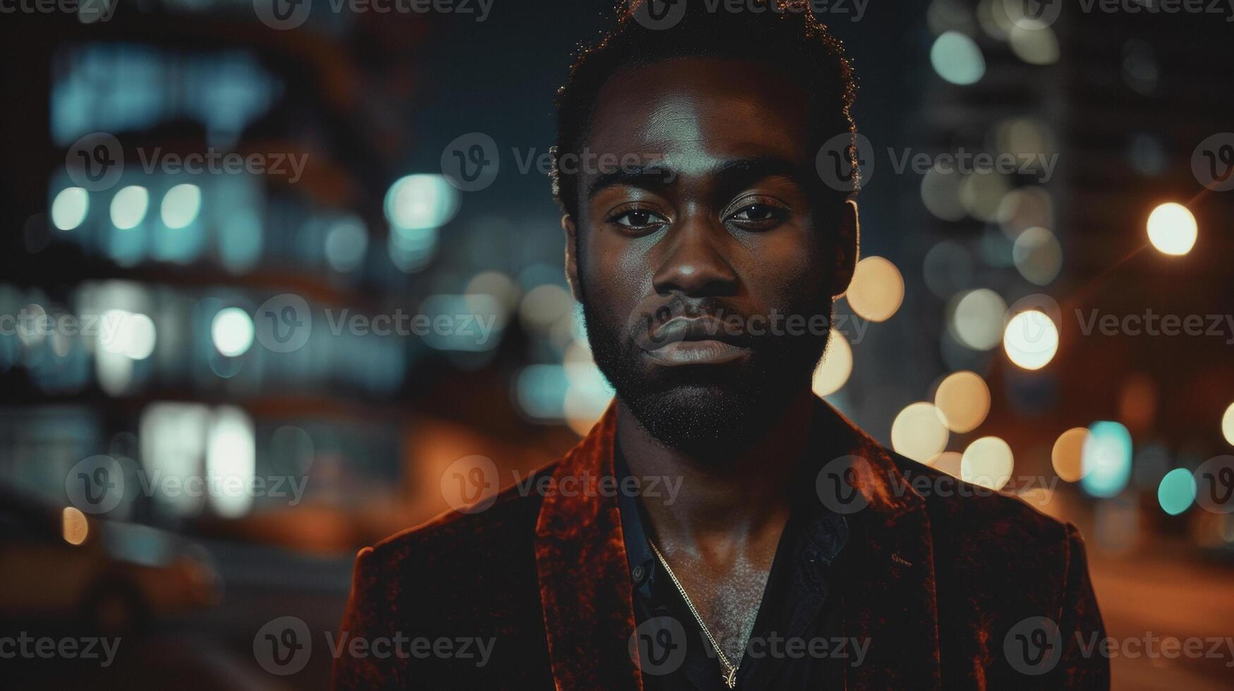 As the city lights fade into the background a black man exudes a sense of strength and vulnerability. His velvet jacket and piercing eyes speak to the dualities of being a black photo