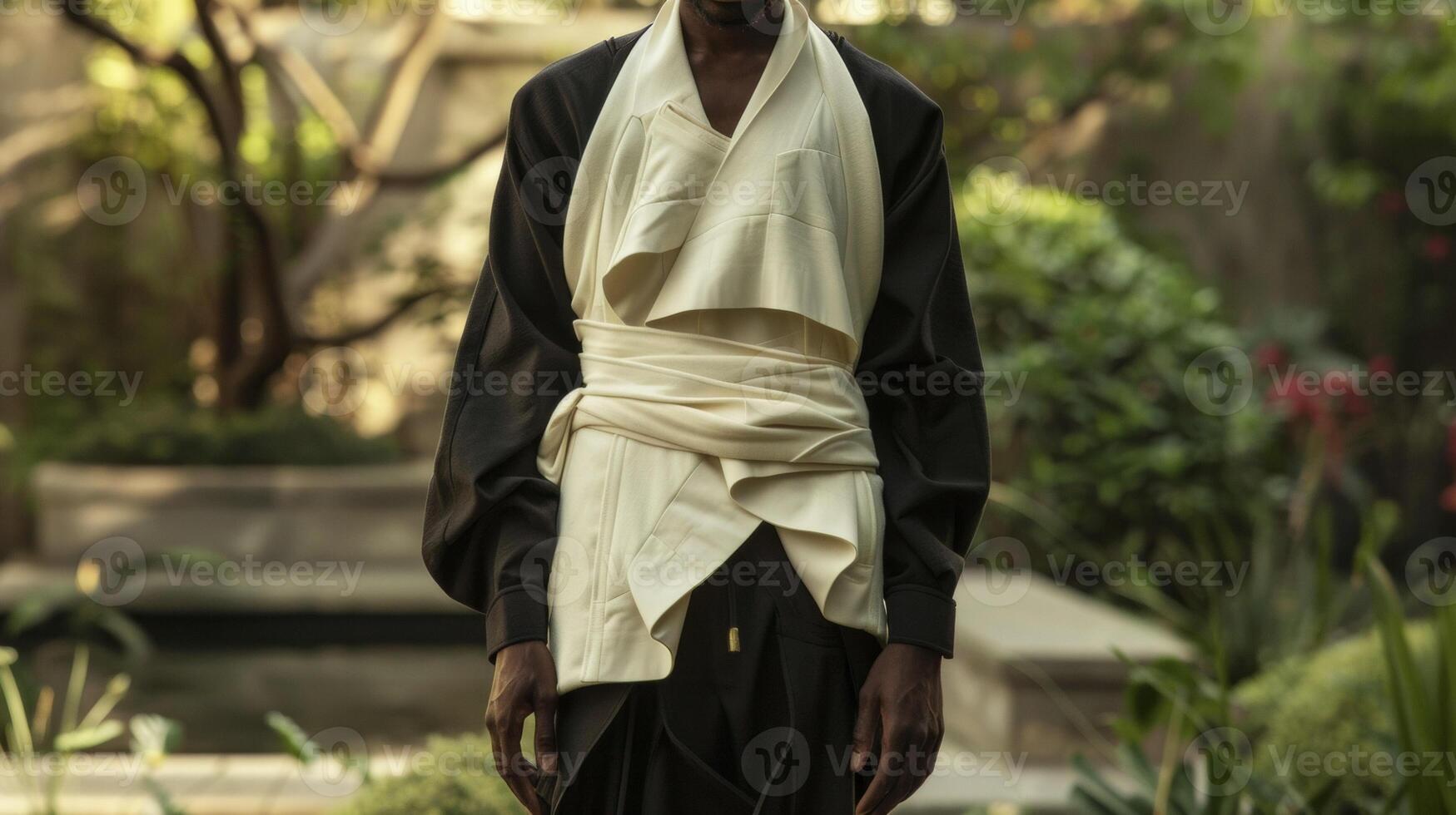 In a tranquil garden setting a regal black man stands tall clad in a flowing ensemble that evokes the flowing forms of organic structures. The way the fabric embraces his curves and photo