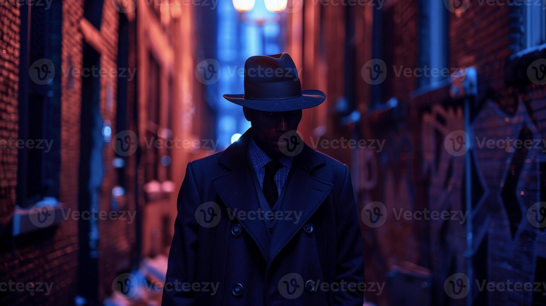 A smoothtalking black man strolls down a deserted alleyway the sharp lines of his fedora and trench coat reminiscent of old cinema detective films. Yet the neon signs and graffiti photo