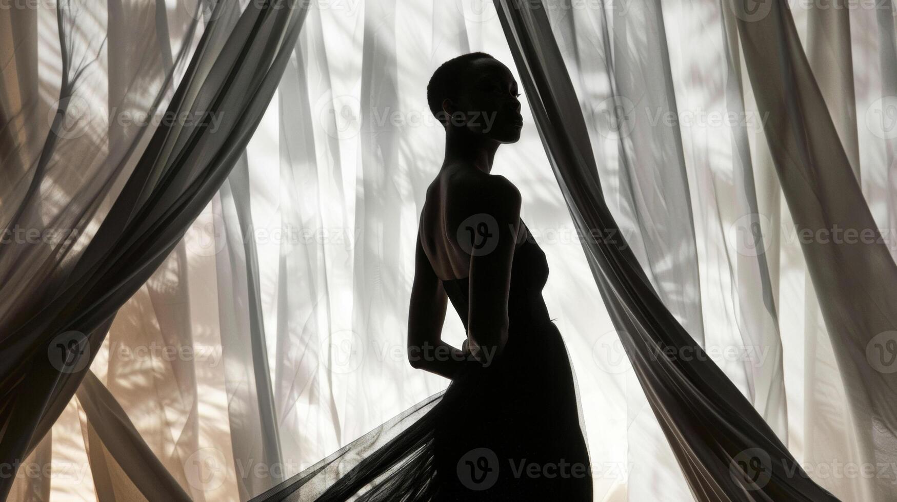 Against a backdrop of billowing curtains a black woman poses in a silhouette the cascading fabric enhancing her curves and accentuating her magnetic presence. She exudes grace and photo