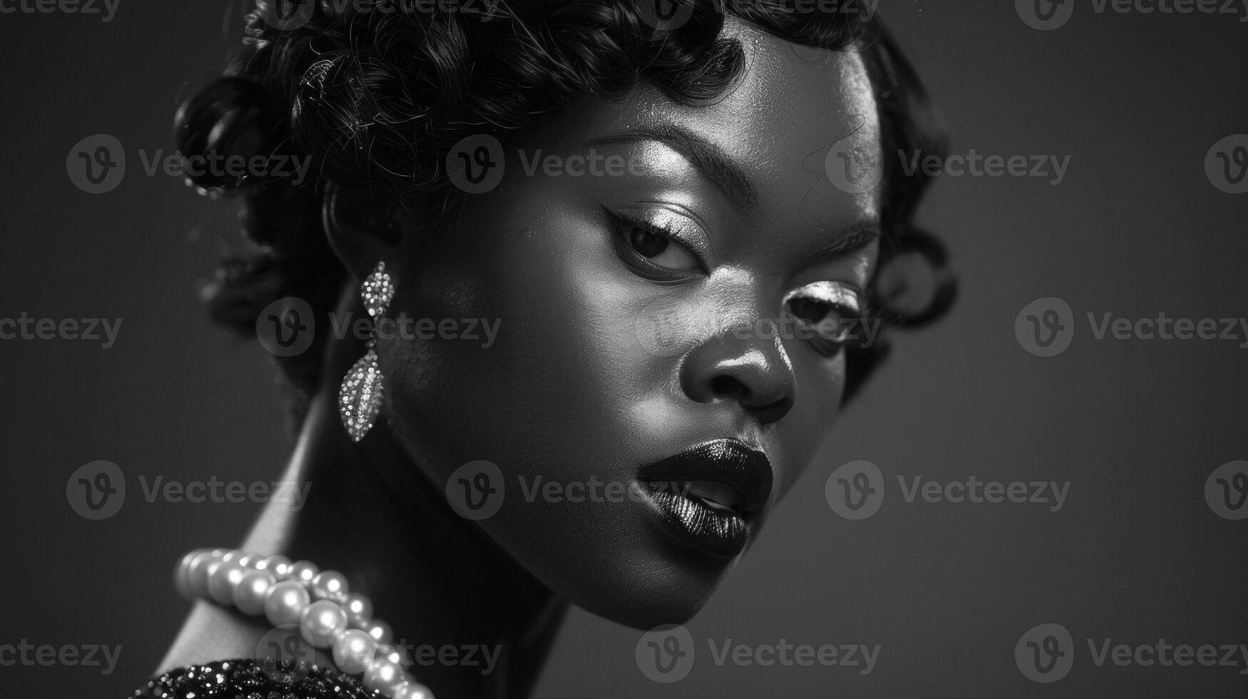 In a monochromatic portrait a black model is dd in layers of glittering pearls and sequins her perfectly coiffed hair and bold lipstick paying homage to the glamour and excess of the photo