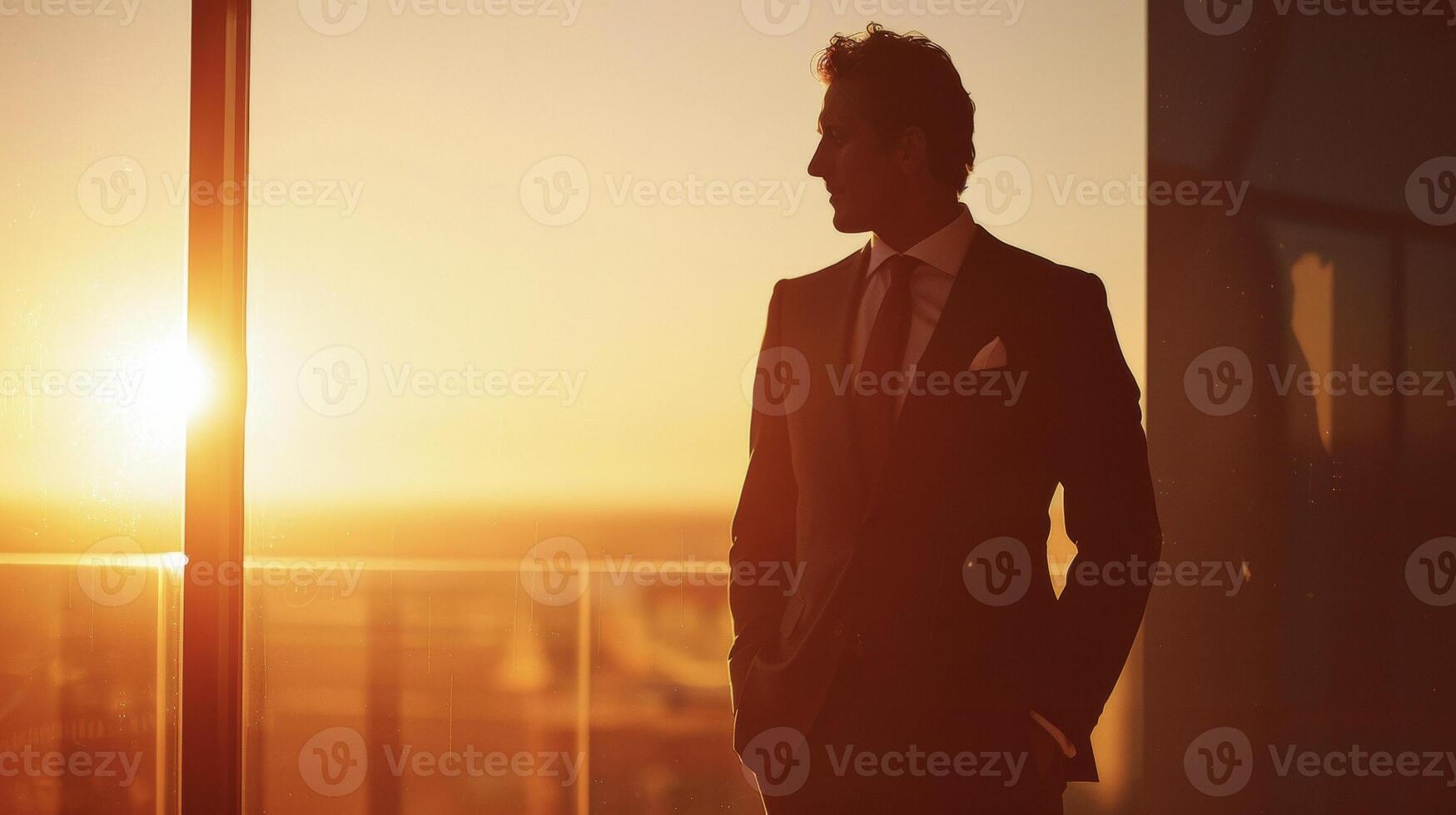 A man in a tailored suit stands against a window his silhouette defined by the warm glow of the setting sun. The smooth silk of his tie and pocket square adds a touch of luxury to photo