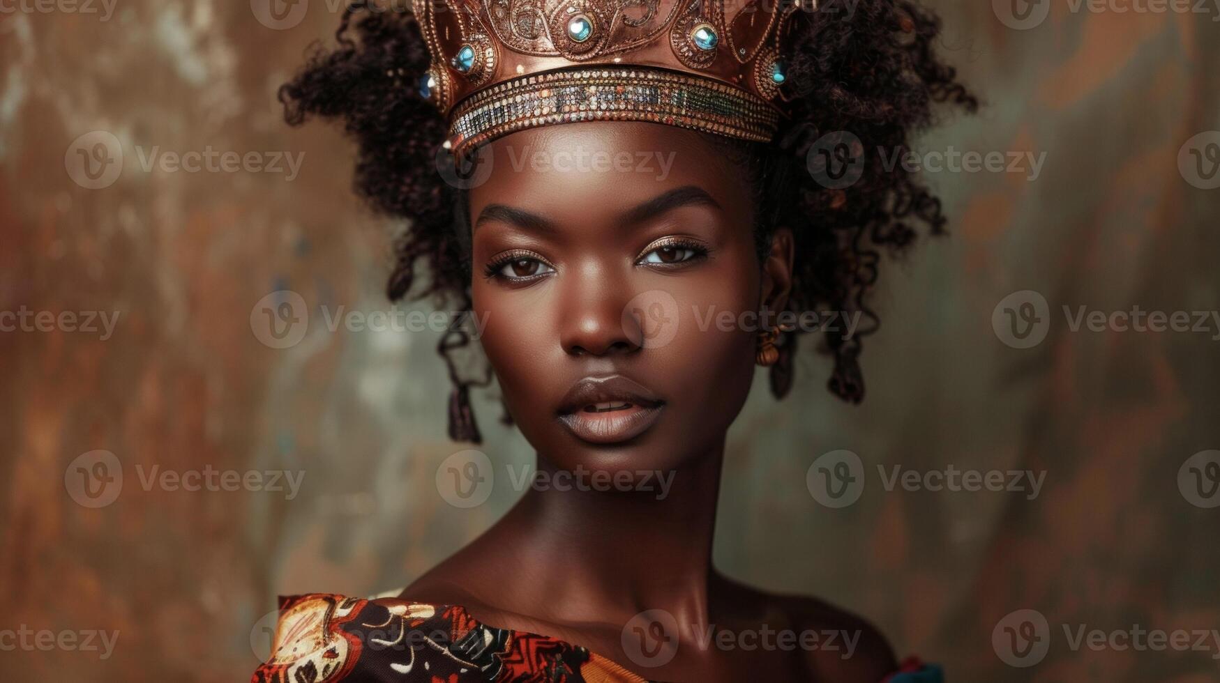 In a modern twist on a classic royal look a radiant black woman dons a dress inspired by traditional West African wrap skirts. Her striking copper crown adorned with delicate jewels photo