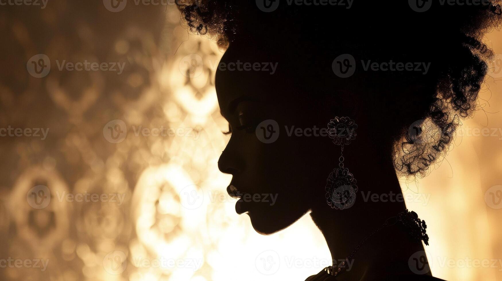 In a fusion of traditional Eastern elegance and modern sophistication this portrait showcases the intricate details of a black womans features casting them in a silhouette. photo