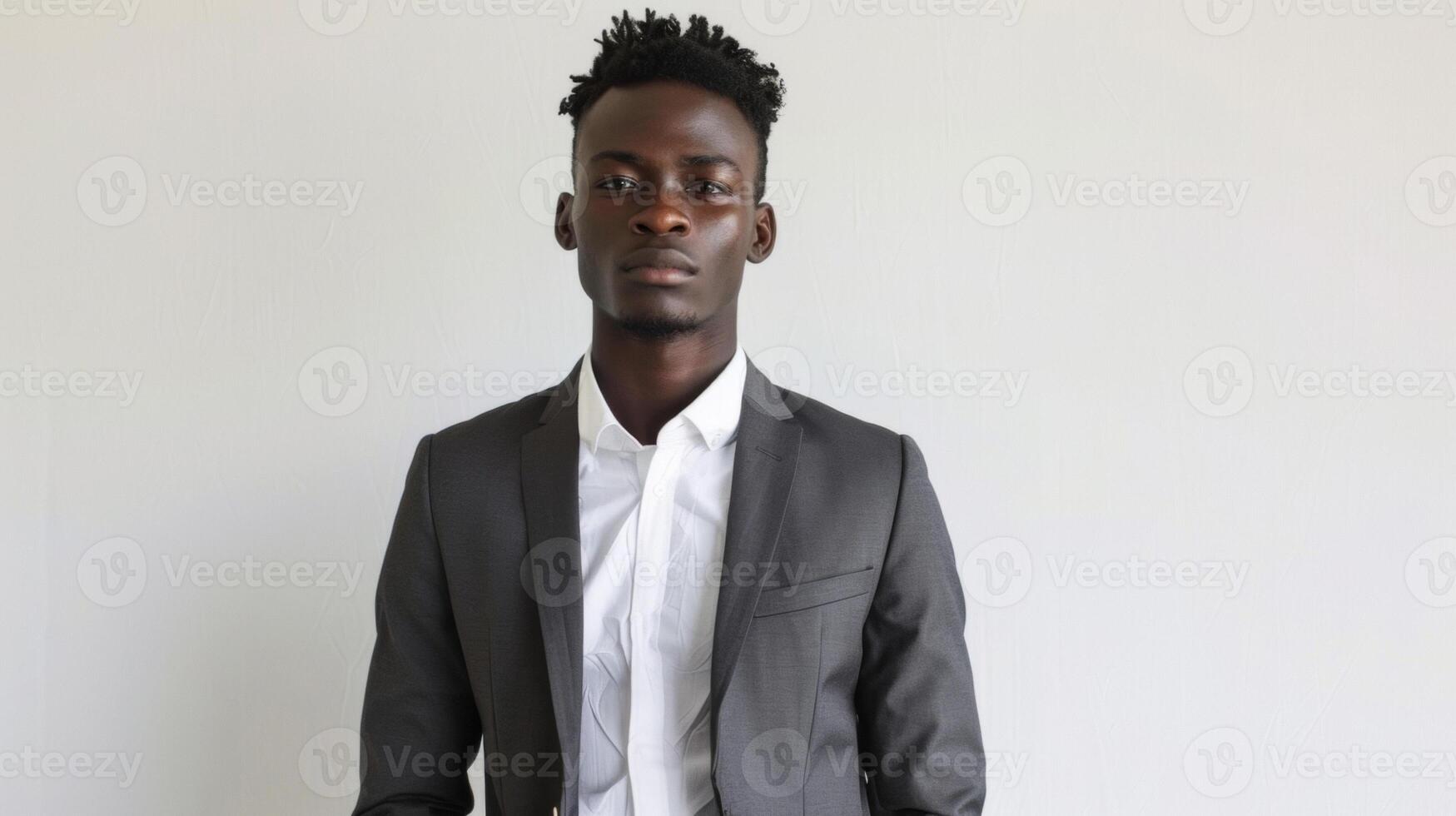 A handsome black man stands in front of a white backdrop wearing a simple yet impeccably tailored suit. His sharp features and smooth sleek hairstyle accentuate the minimalist design photo